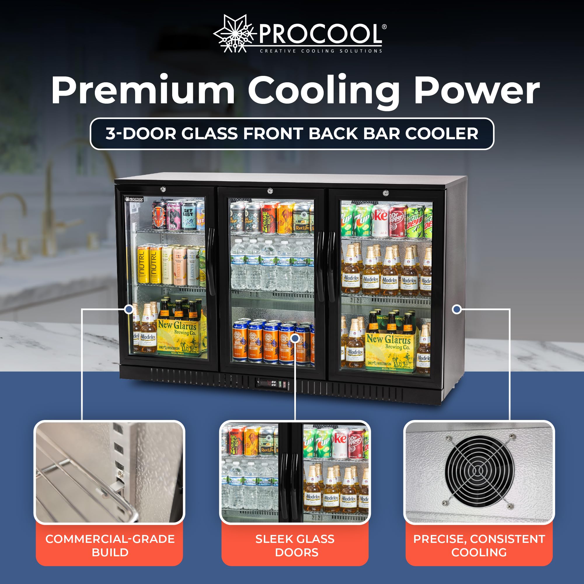 Procool 3-Door Undercounter Refrigerator - 33” Tall Energy Efficient Black Beverage Cooler With Glass Doors & White LED Lights - Residential Beverage Refrigerator For Entertaining Spaces & Home Bars on Fridge.com