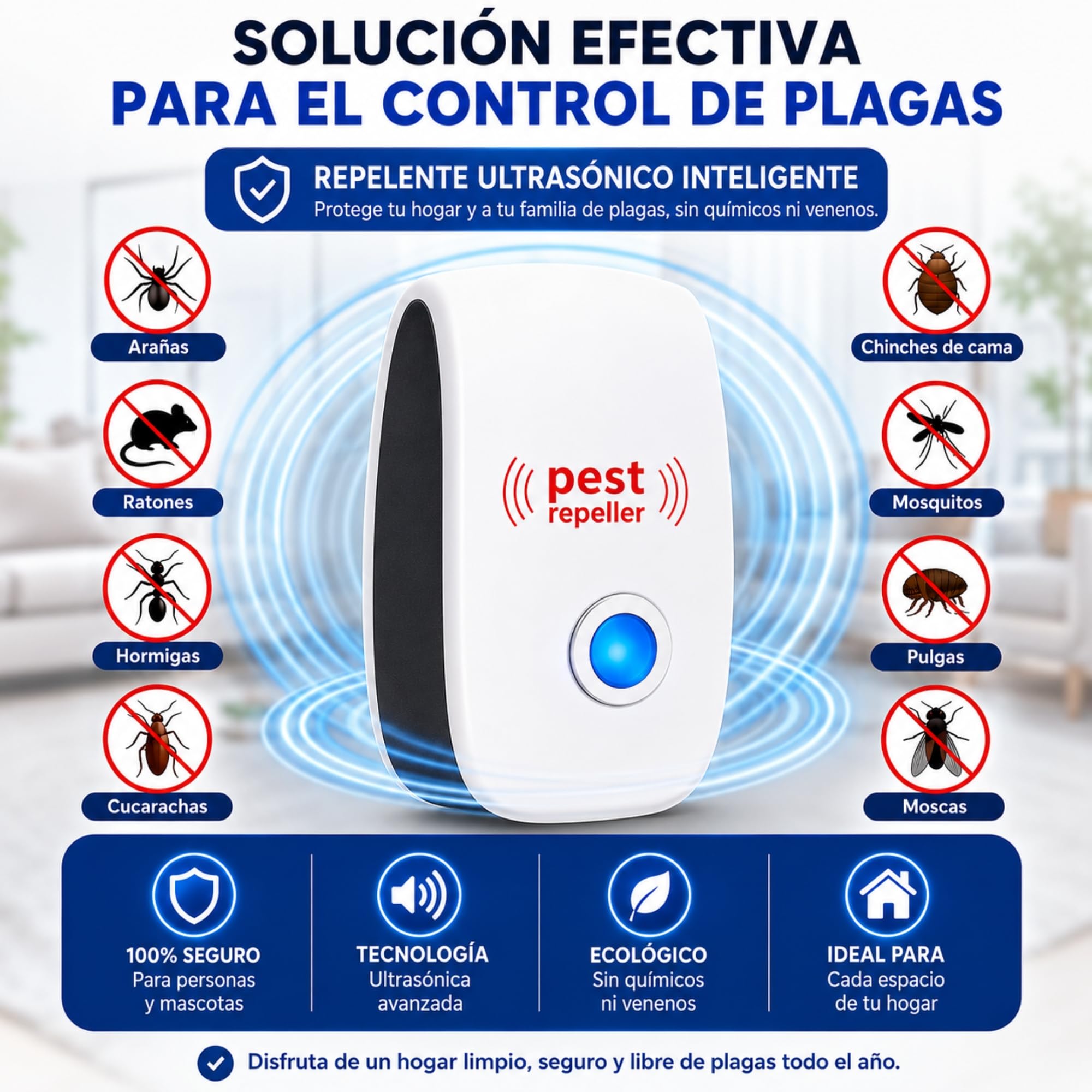 Ultrasonic Pest Repeller Plug-in 4 Pack – Repelente Ultrasonico para Ratas y Ratones, Anti Mosquitos y Moscas, Repelente de Insectos para Casa, Aparato Ultrasónico Silencioso, Sin Químicos Nocivos