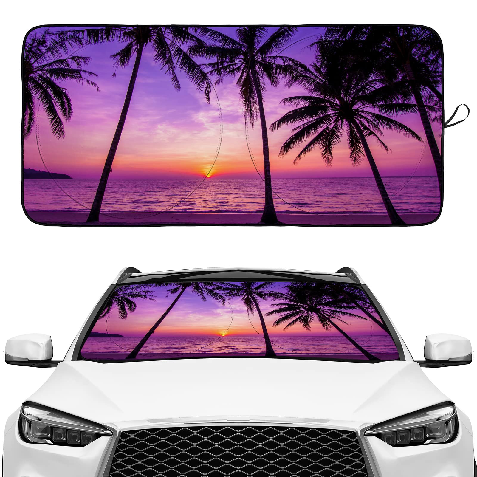 Purple Sunset Hawaiian Palm Tree Windshield Sunshade for Car SUV Truck Foldable Uv Ray Reflector Front Window Sun Shade Visor Shield Cover