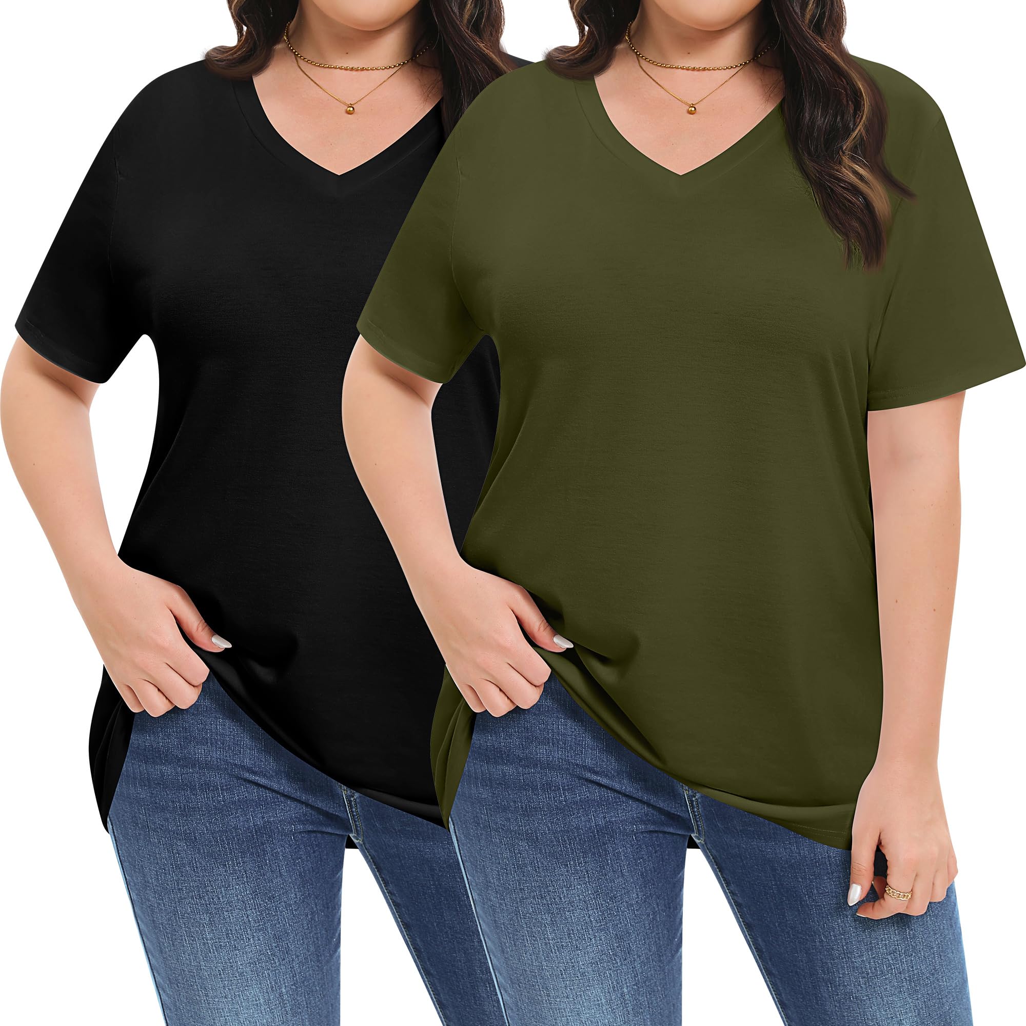 Evervibe 2 Pack Women’s Plus Size Tops V Neck Short Sleeve Shirts Loose Fit Casual Basic Tees Oversized Tunic Tops