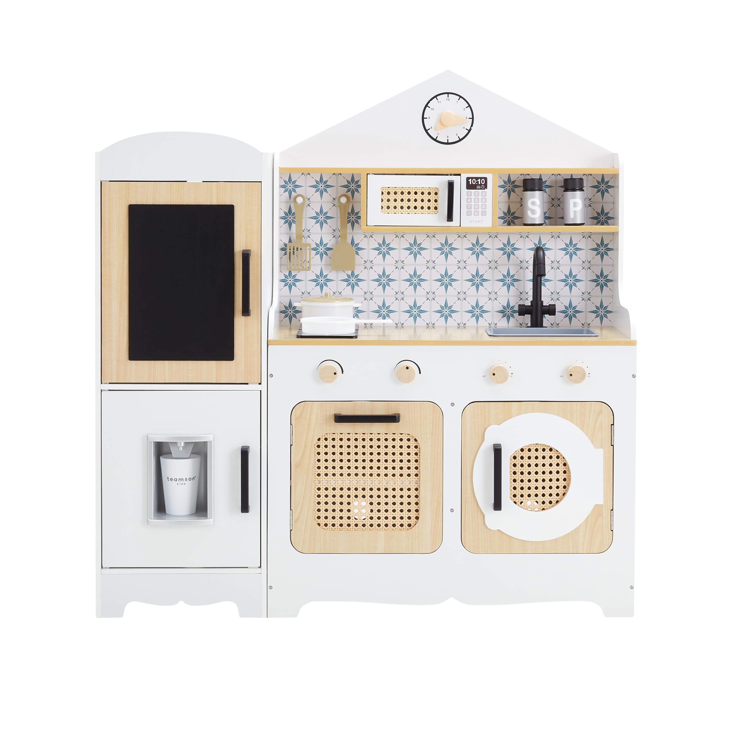 Teamson Kids Little Chef Morocco Wooden Play Kitchen Set with Oven, Microwave, Ice Maker & 11 Accessories | Pretend Play Kitchen for Toddlers & Kids Ages 3+, White & Natural