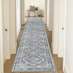 KUTA Vintage Washable Runner Rug 2.6x16, Non-Slip 16ft Extra Long Hallway Kitchen Rugs Grey, Indoor Ultra Soft Printed Distressed Medallion Carpet Runners for Bedroom Living Room