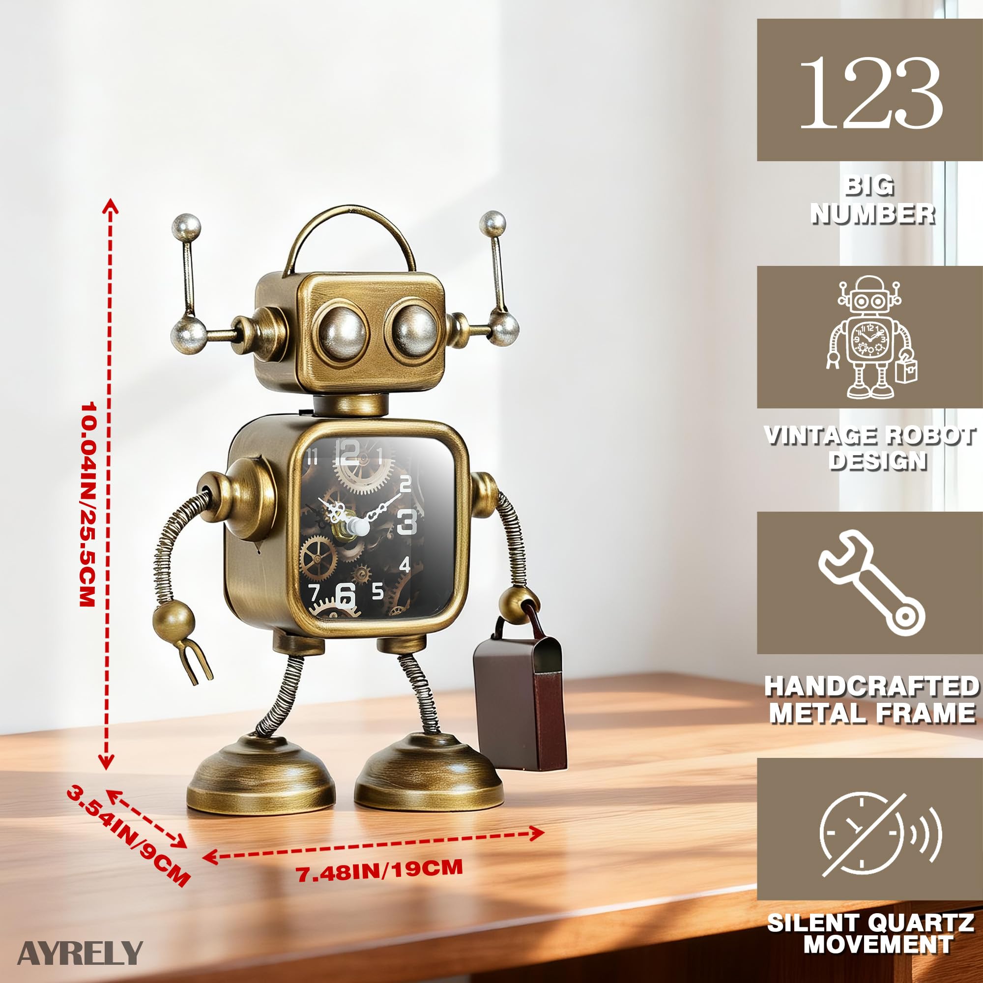 AYRELY® Vintage Roboter Uhr, Steampunk Tischuhr aus Metall mit Zahnrad-Design, Industrielle Deko Uhr für Schreibtisch, Regal, Kamin und Wohnzimmer