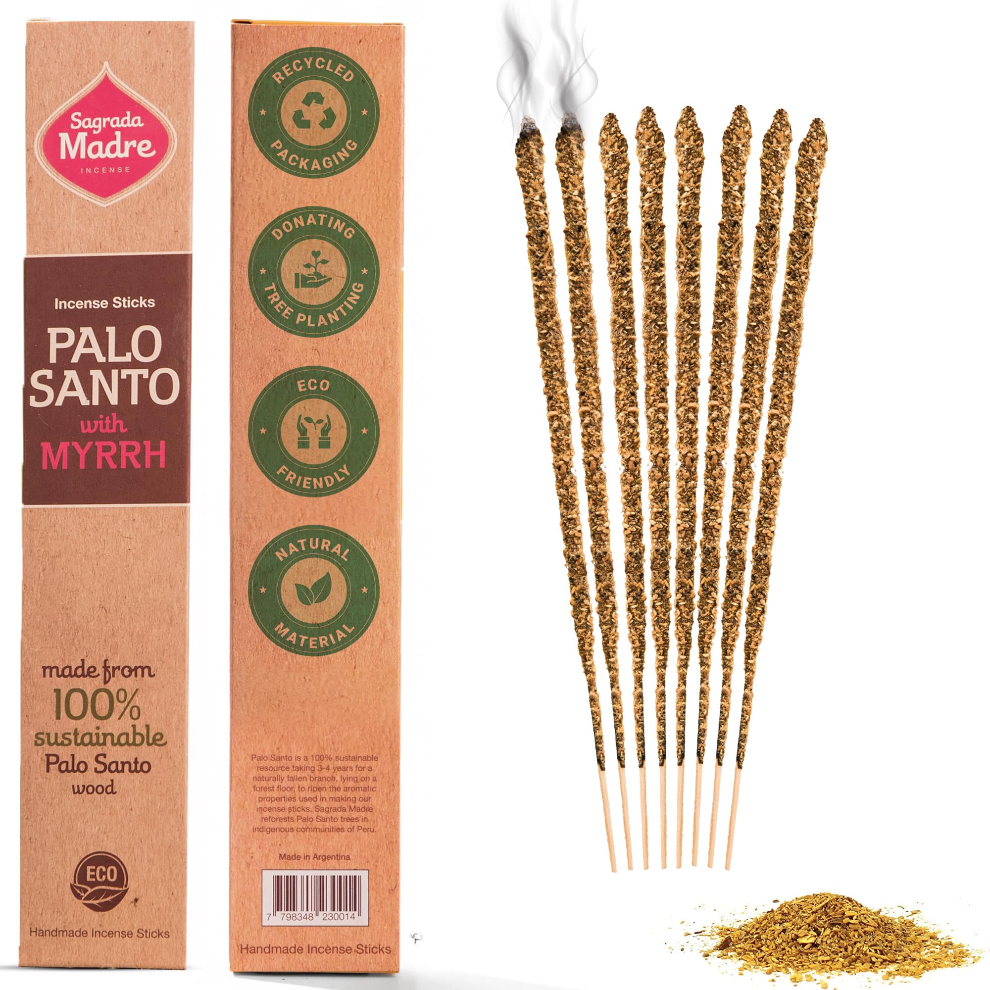 Sagrada Madre, Artisan Incense, Palo Santo Incense with Myrrh, Ideal for Meditation and Mindfulness, 8 Sticks