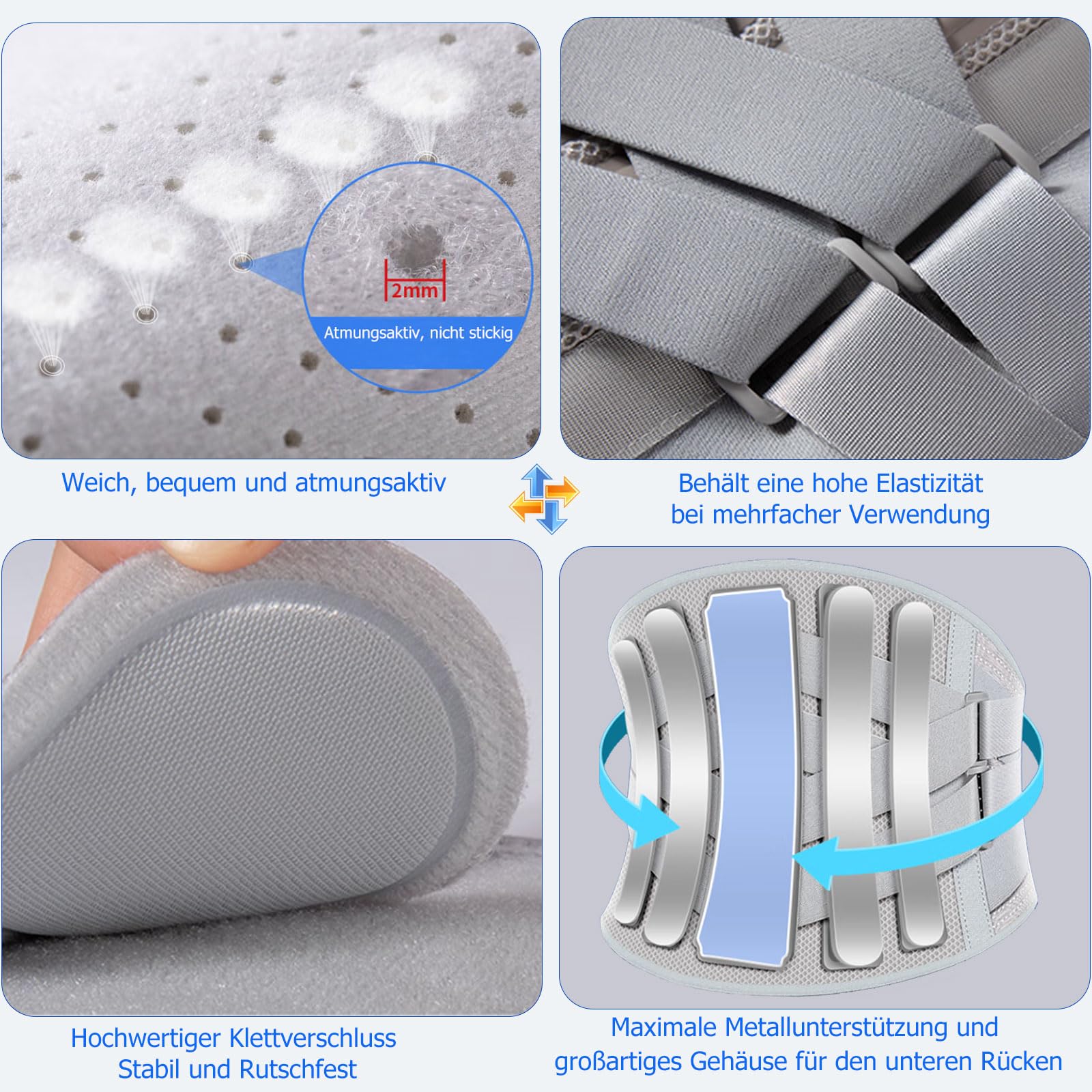 Rückenstützgürtel, Lendenwirbelstütze, Rückengurt rückenschmerzen, Rückenbandage für unteren Rücken mit Verstellbarer Rückengurt und Stützstreben zur Rückenschmerzen Linderung, Grau M