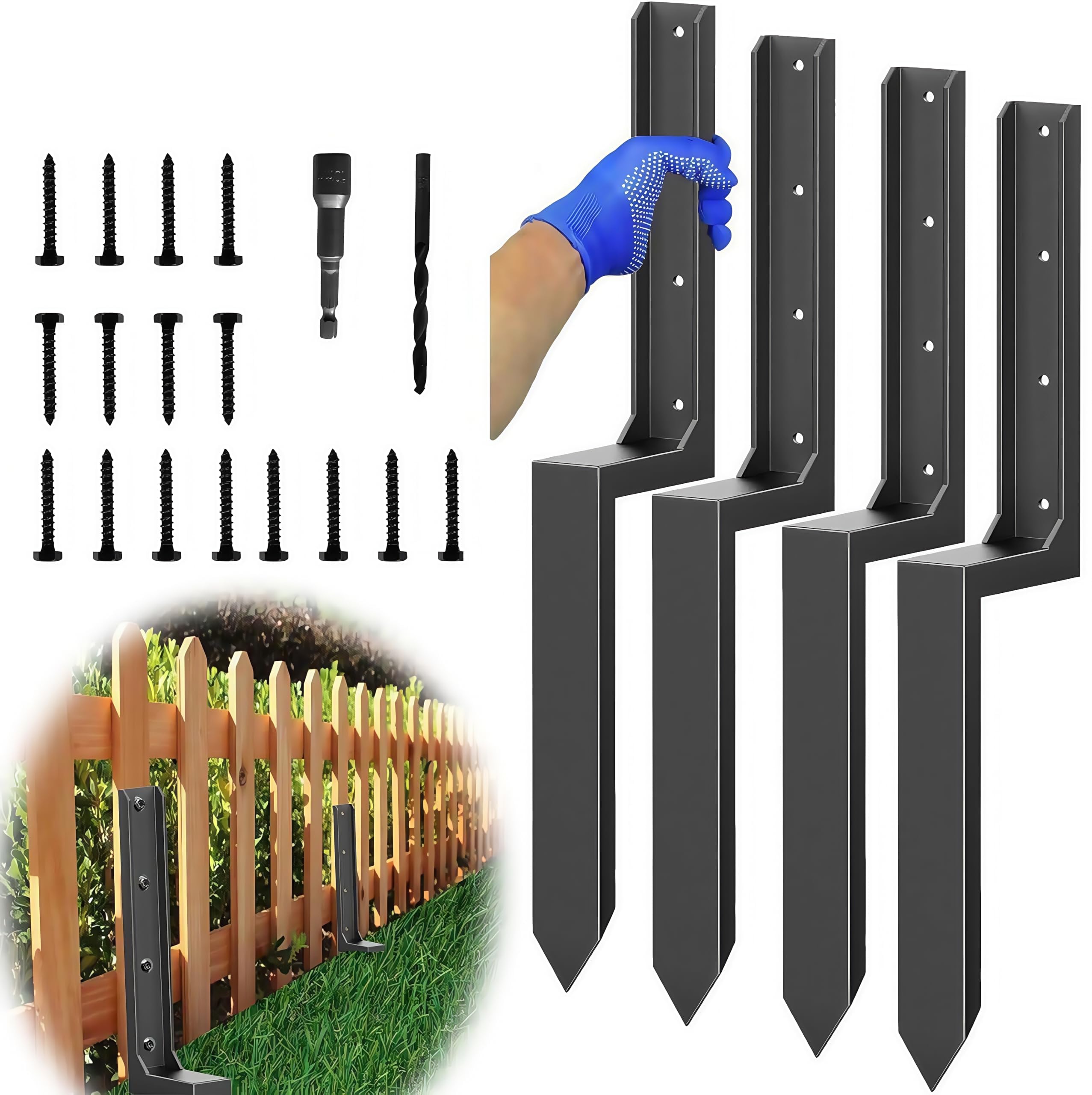 Paquete de 4 anclajes de poste de valla resistentes, kit de estacas de reparación de postes de valla con clavos, taladro, enchufe, para reparar valla de madera rota inclinada, solución duradera