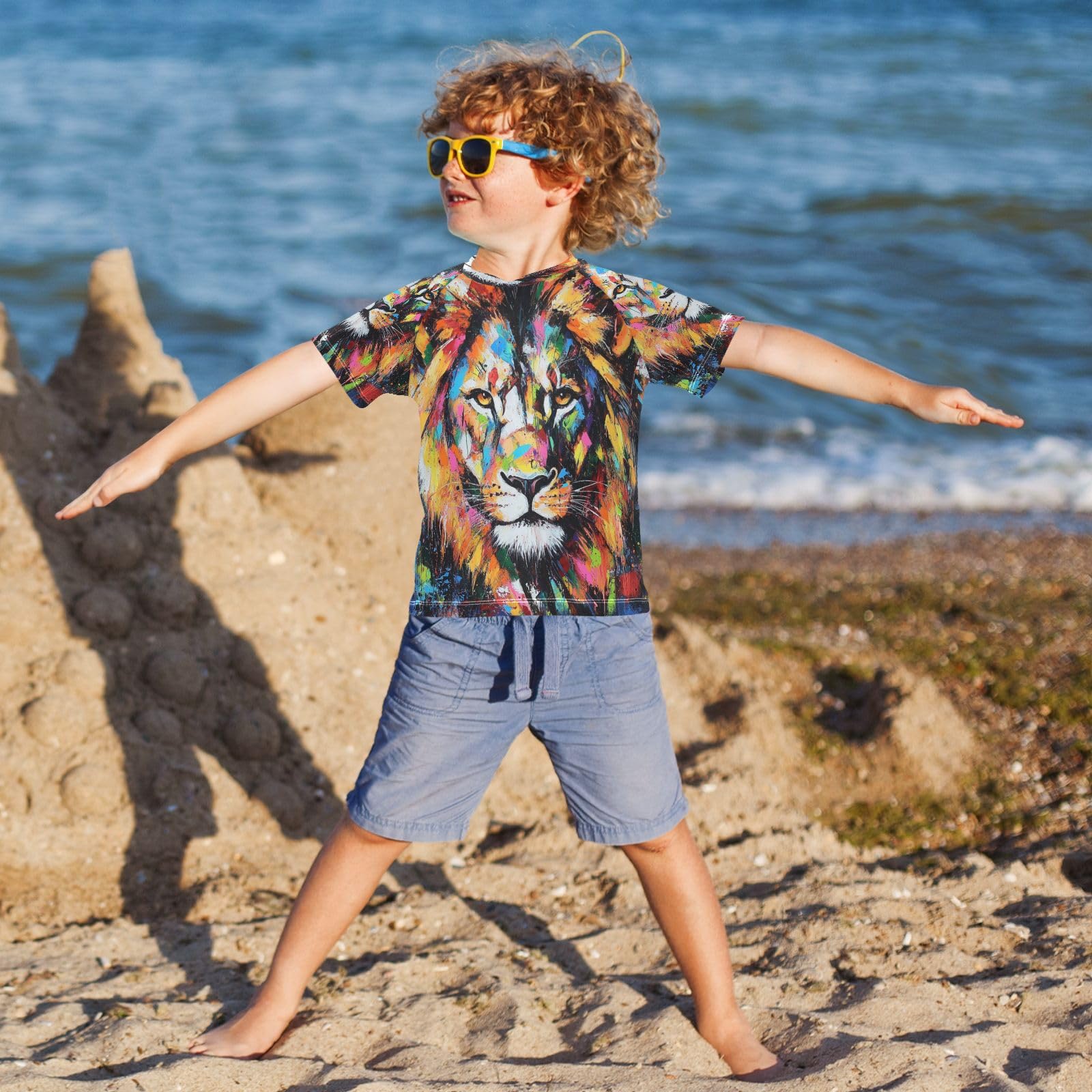 MNSRUU Toddler Boy Rash Guard Short Sleeve Swim Shirt Lion Print Rashguard 9-10T Beach Shirts Quick Dry,067