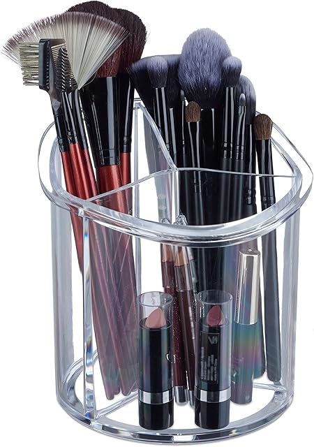 Relaxdays Acrylic Brush Holder with 3 Compartments, Large Round Cosmetics Storage, Ø 15 cm, Clear