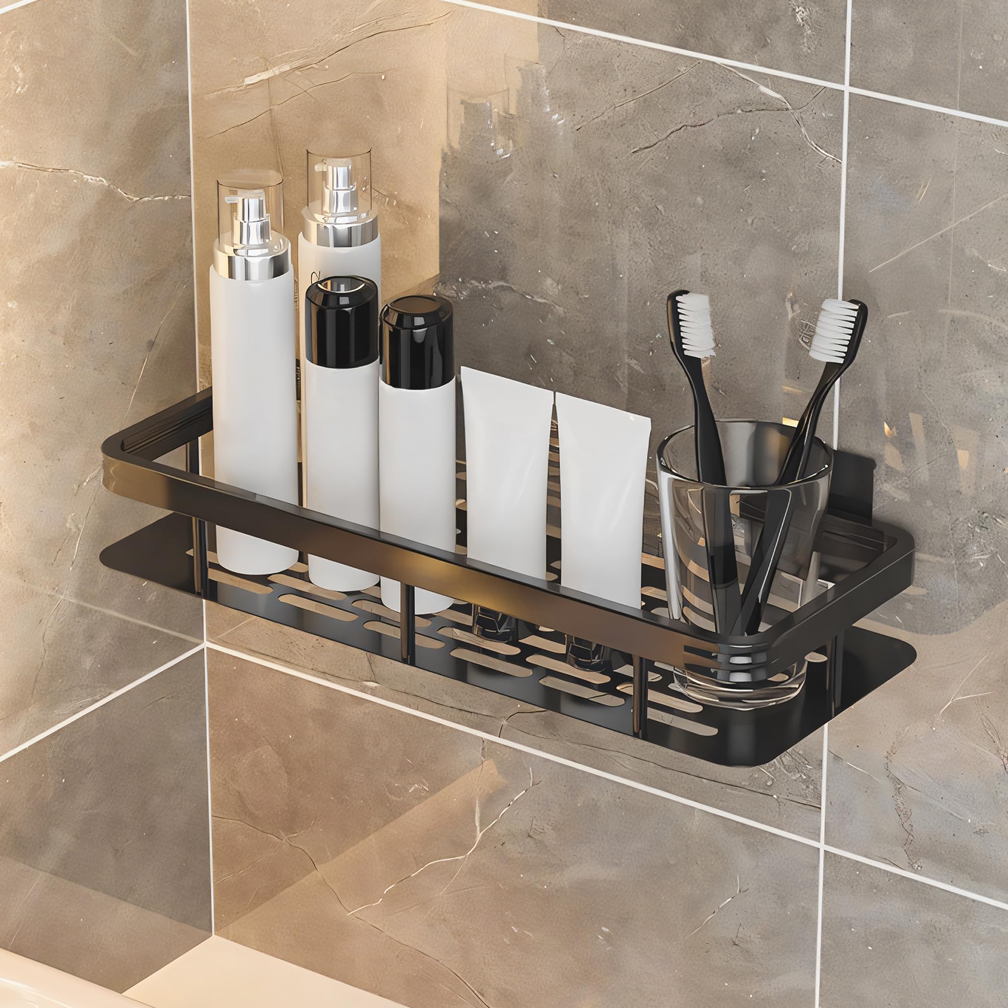 MIORAH Bathroom Organiser Without Drill | Bathroom Accessories with Hooks | Self Adhesive Bathroom Shelf for Wall | Washroom Organiser Made of Strong Quality Metal (Black-Pack of 1) (B0DB66LH2M) Amazon Price History, Amazon Price Tracker