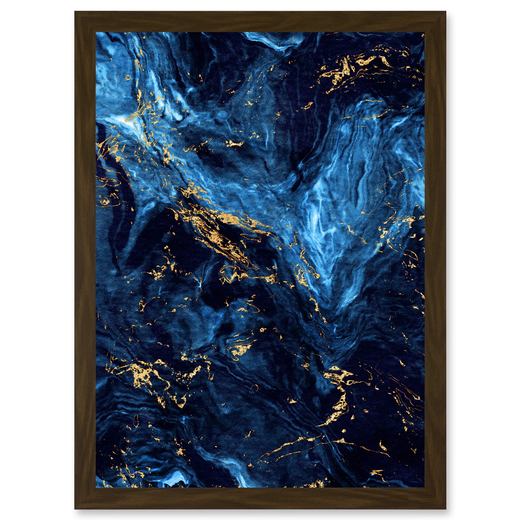 Wee Blue Coo Abstract Dark Blue Gold Swirl Watercolour Modern Artwork Framed Wall Art Print A4