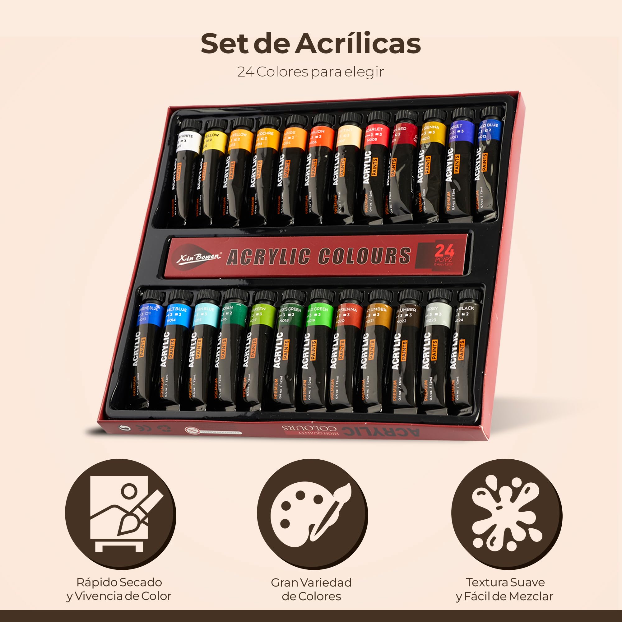 Kit de Pinturas Acrílicas Profesional, 24 Colores con 24 Pinceles, 20 Lienzos A4, Paleta de Mezclas de Madera y Estuche de Almacenamiento