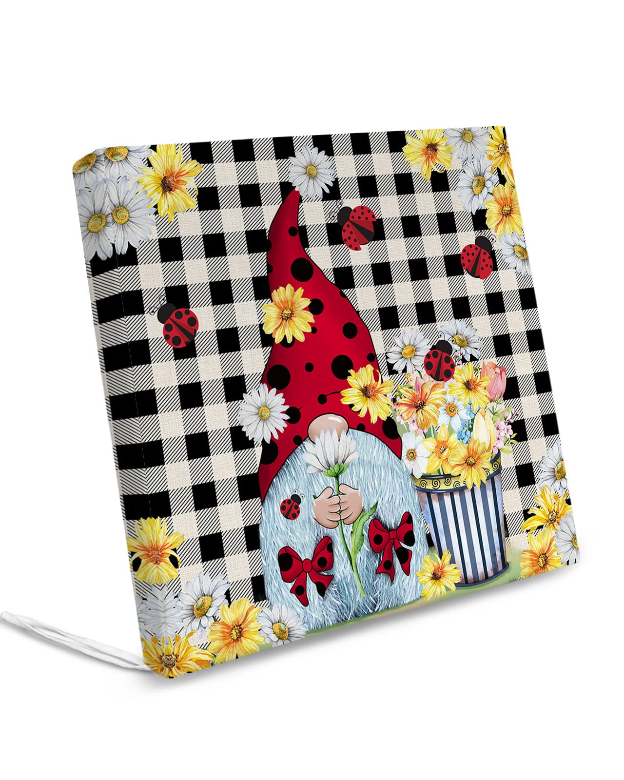 Anzona 2 Pack Chair Cushion Cover Removable, Ladybug Gnomes Waterproof Seat Cushion Slipcovers, Summer Farmhouse Daisy Black Plaid Outdoor Chair Sofa Cushion Furniture Protector 20