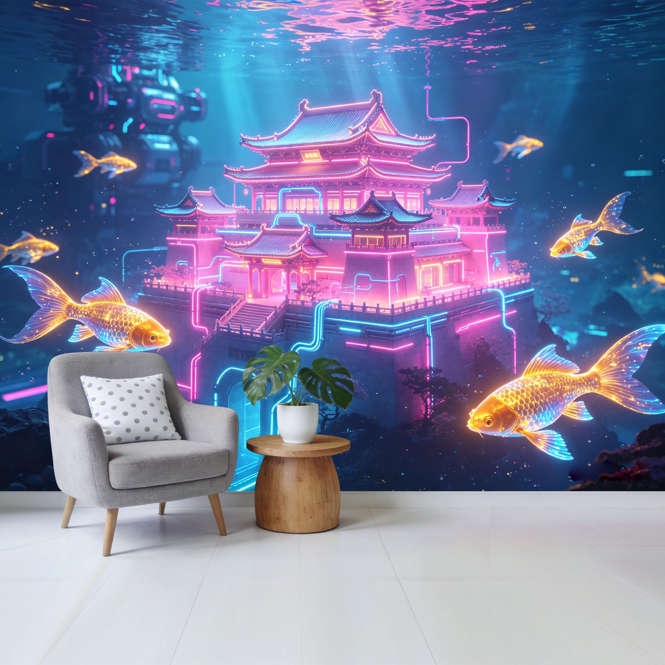 Qzlithotic Yq2605250648 Custom Size Wall Mural Cyberpunk Traditional Palace Underwater Glowing Goldfish Neon Lights Abstract Contemporary Selfadhesive Wall Fabric Removable Wallpaper For Home Office Decor