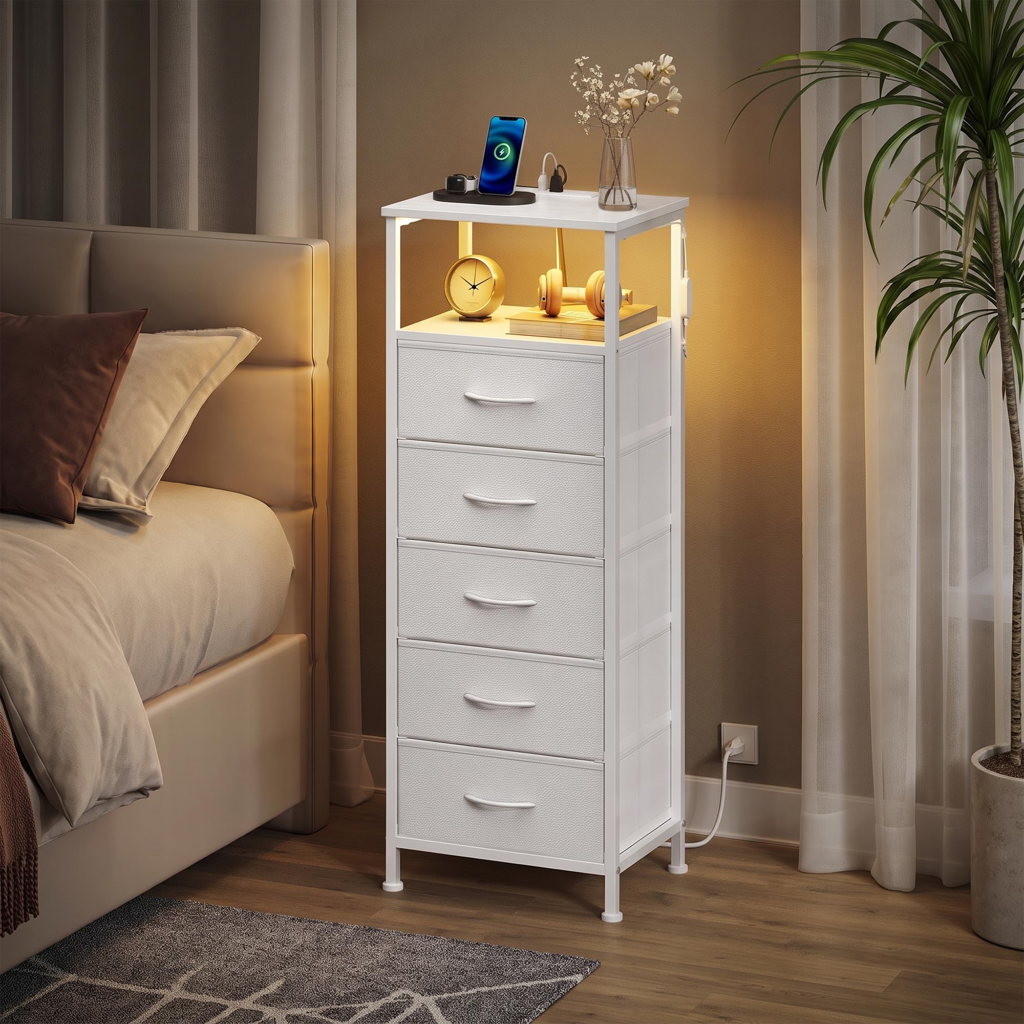 SONGMICS Nightstand with Charging Station, 5 Fabric Drawers