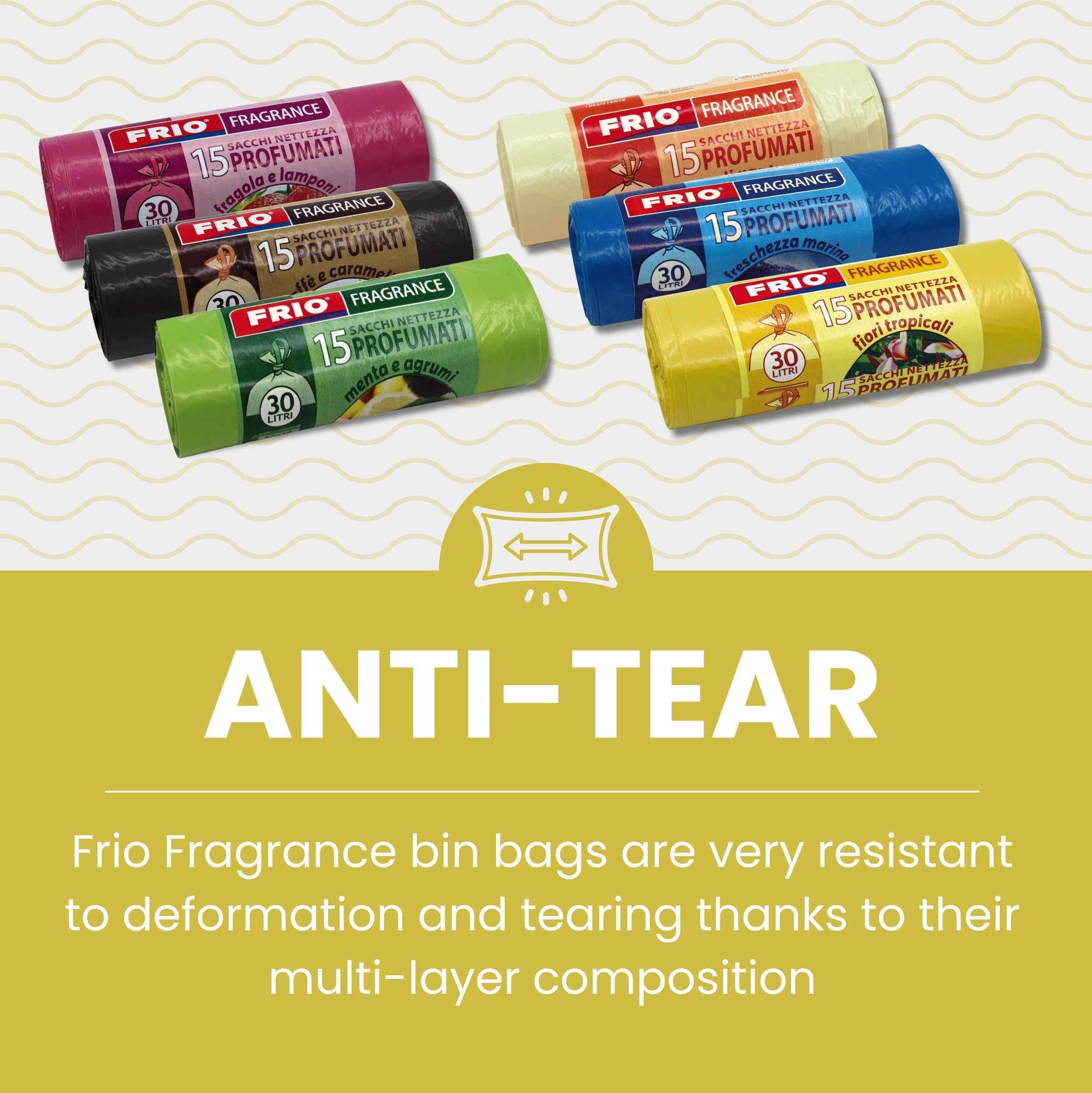 FRIO Aroma – 360 bolsas de basura perfumadas 30 L, 24x15 uds, amarillo | Aroma Flores Tropicales | 52x58 cm | Bolsas resistentes pequeñas para cocina y reciclaje