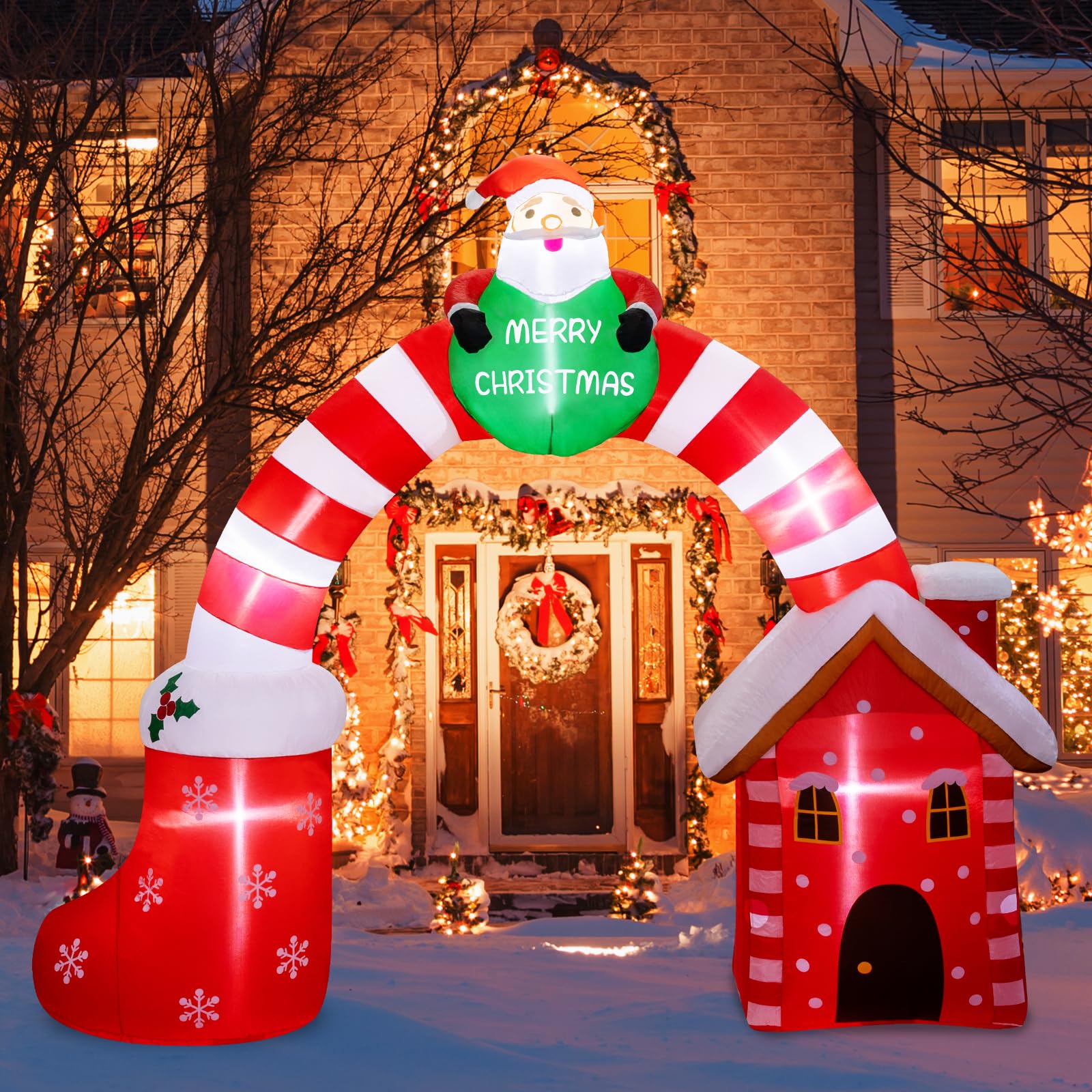 8FT Christmas Inflatables Candy Cane Archway, Santa Claus Inflatable Arch, Blow Up Yard Decorations with Built-in LED Lights, Large Outdoor Patio Yard Lawn Garden Party Holiday Xmas Decor