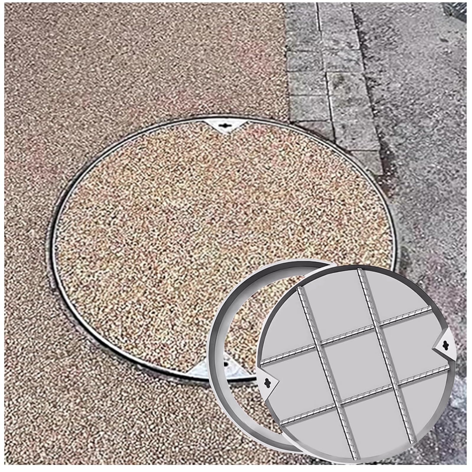 osłony szamba, niewidoczna pokrywa włazu ze stali nierdzewnej, wzmocniona stalowa osłona kanalizacyjna, niewidoczne osłony szamba z hakiem do ściągania (D50 cm/50 cm)