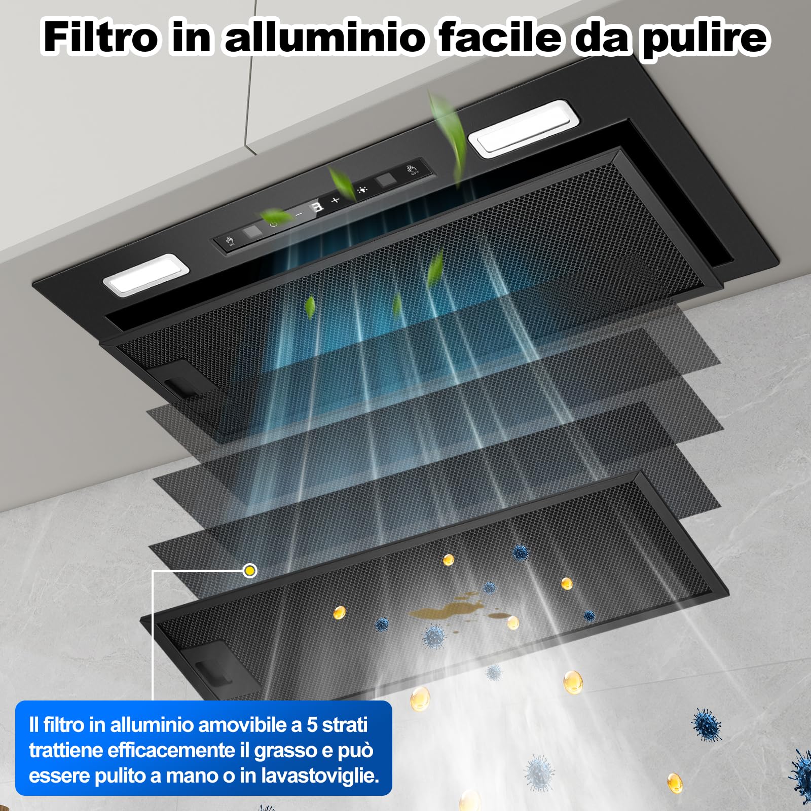 Cappa Aspirante da Incasso 52cm Nera, 750 m³/h, Controllo Gestuale e Tattile, 3 Velocità + Booster, Silenziosa 64 dB, Illuminazione LED, Doppia Modalità (Scarico/Ricircolo), Classe A+++