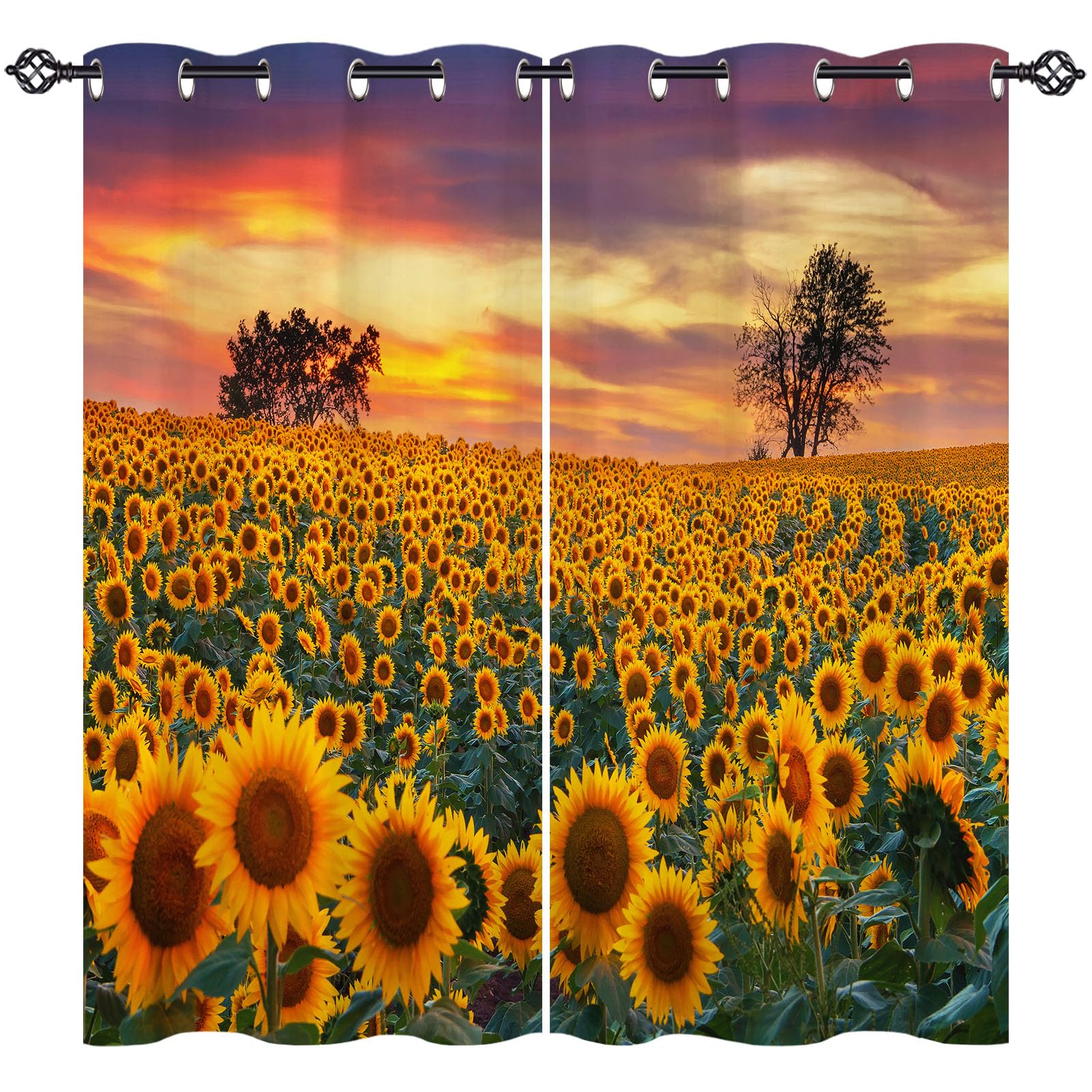 ANHOPE Sunflower Curtains Eyelet Thermal Insulated Blackout Curtains Sunset Yellow Flower Field Print Pattern Ring Top Drapes for Bedroom Living Room 55 x 63 Inch Drop 2 Panels โ image 1