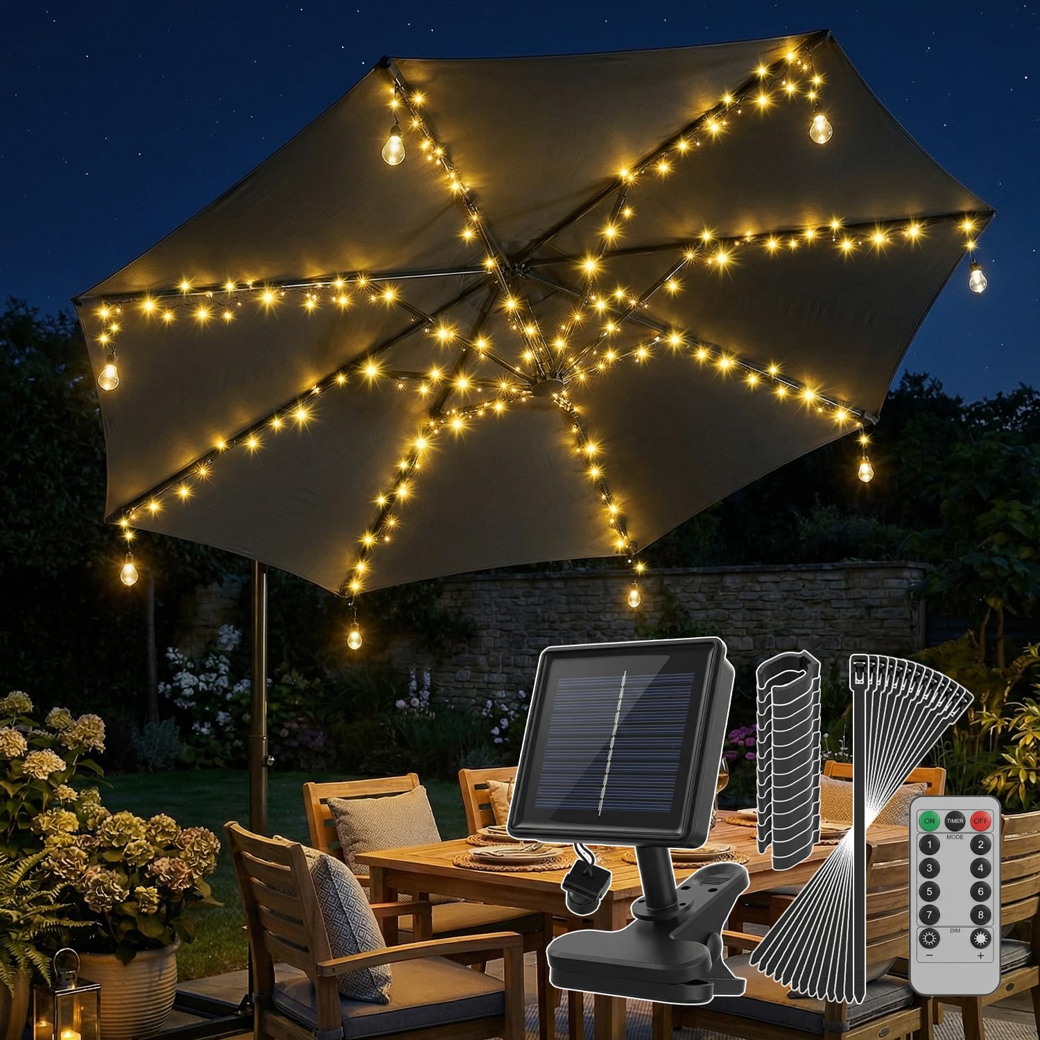 Sekey Luz para Sombrilla Solar con 136 LEDs y 8 Bombillas, Cadena de Luces para Sombrilla, Válida también para Parasol Excéntrico, 8 Modos + Mando a Distancia, para Patio, Exterior