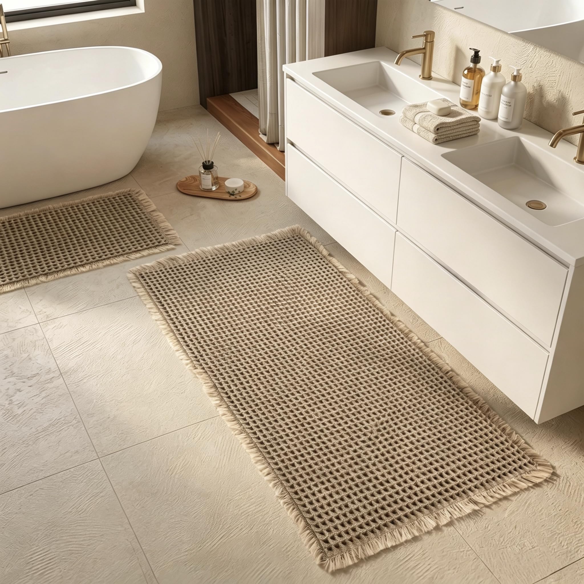 Guiwuiyu 2 Piece Waffle Bath Mat Set, Non Slip Absorbent Quick Dry Bathroom Rug with Tassels, Machine Washable Floor Mats for Shower and Bath, Beige (43x61cm, 50x121cm)