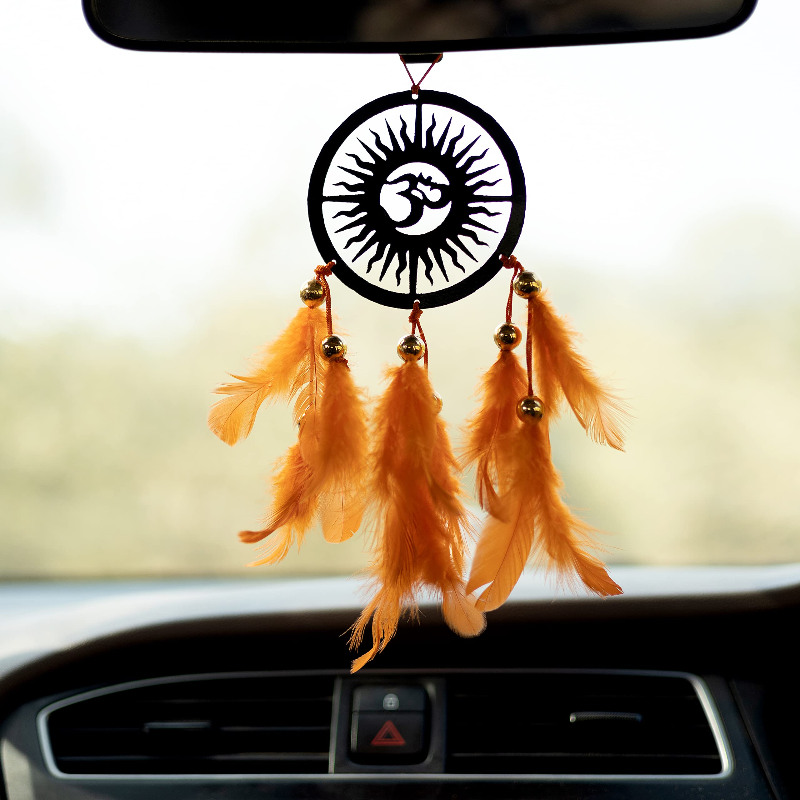 ILU® Car Hanging Dream Catcher Fancy OM Car Hanging Car Rear View Mirror Decor Ornament OM Car Hanging ~ Handmade Wall Hangings, Garden, Car, Outdoor, Bedroom, Orange Feathers