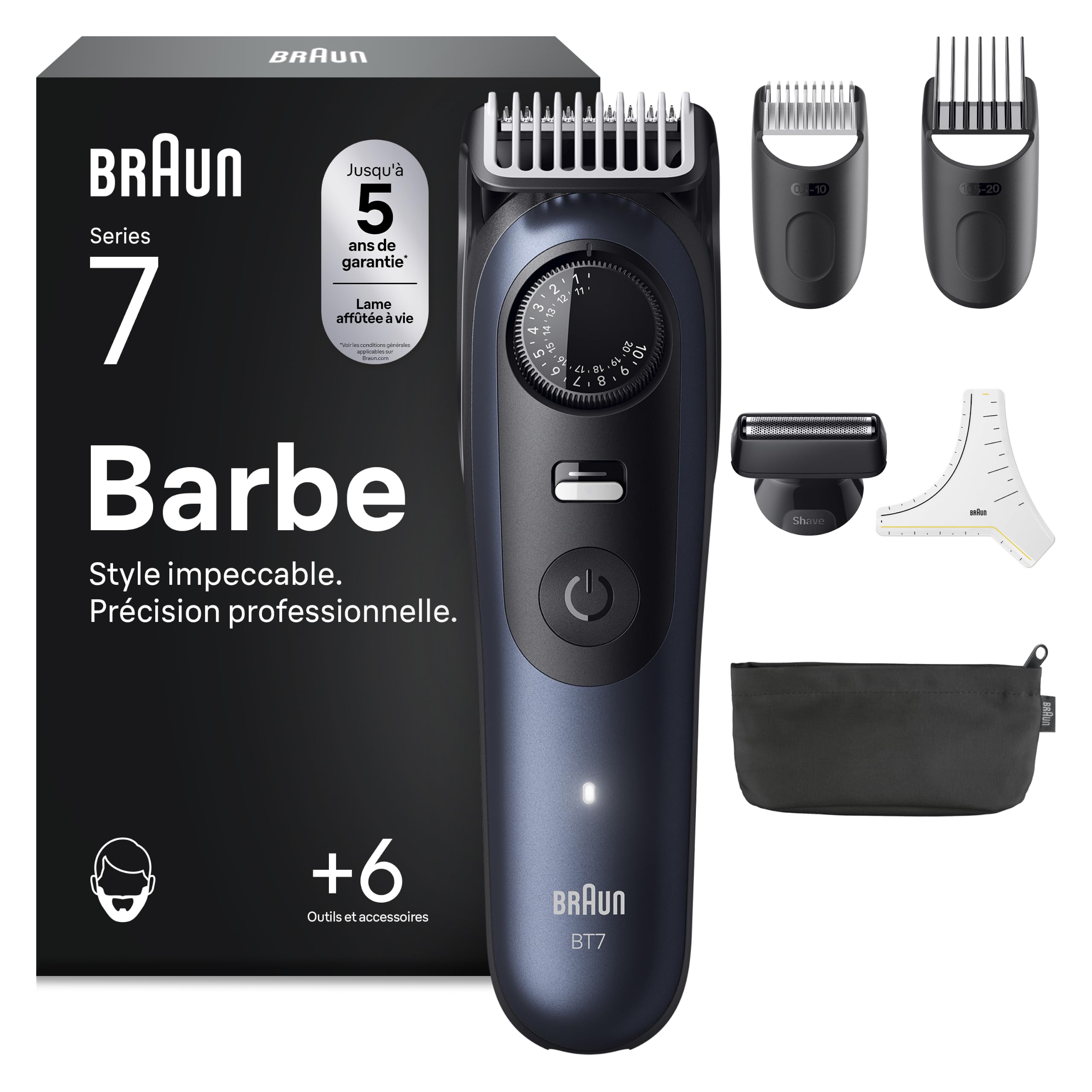 Braun Tondeuse Barbe Homme Series 7 BT7520, Bleue – Etanche, Batterie Rechargeable, Lame ProBlade, 40 Réglages de Longueur, Coffret avec +6 Outils de Barbier, Pochette
