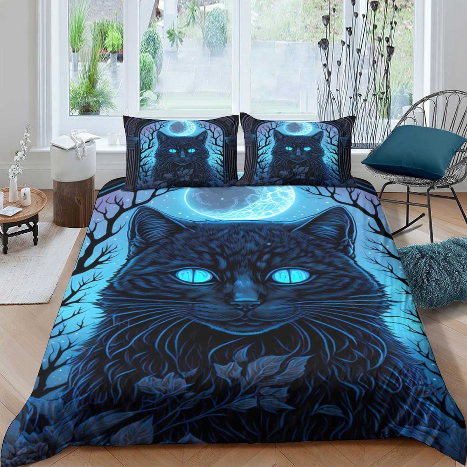 Ctjqhvkz Style-9 3D Printed Moonlight Cat Fitted Sheet Microfiber Soft Breathable Forest Shadow Mattress Cover Bedroom Decor Single（135X200cm）