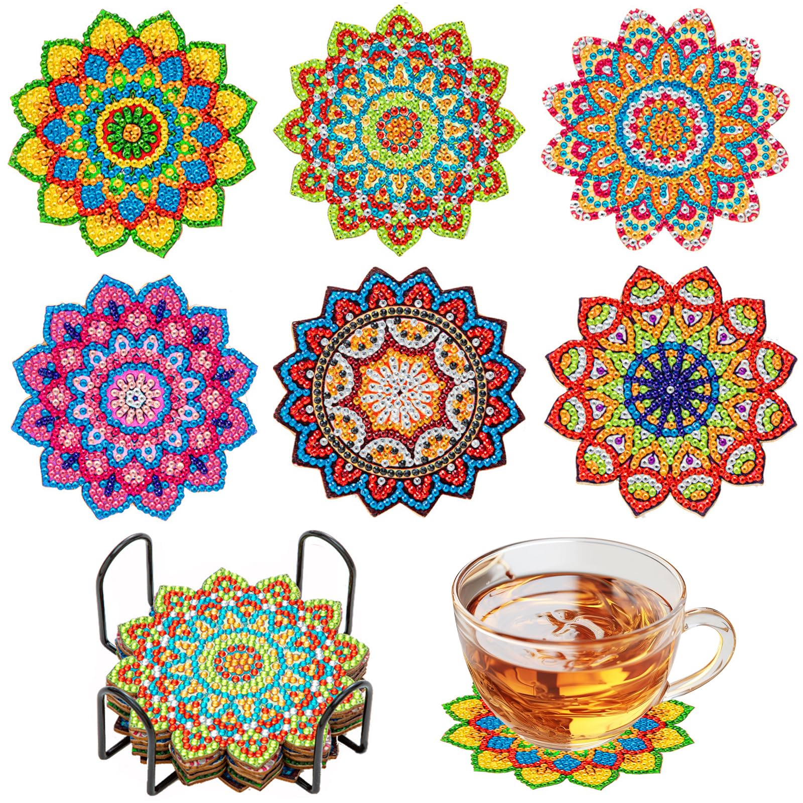Hiuyavy A 1 6 Pcs Diamond Painting Coasters With Holder, Diy Diamond Painting Coasters, 5D Full Diamond Art Coasters For Beginners Adults And Kids Art Craft Supplies