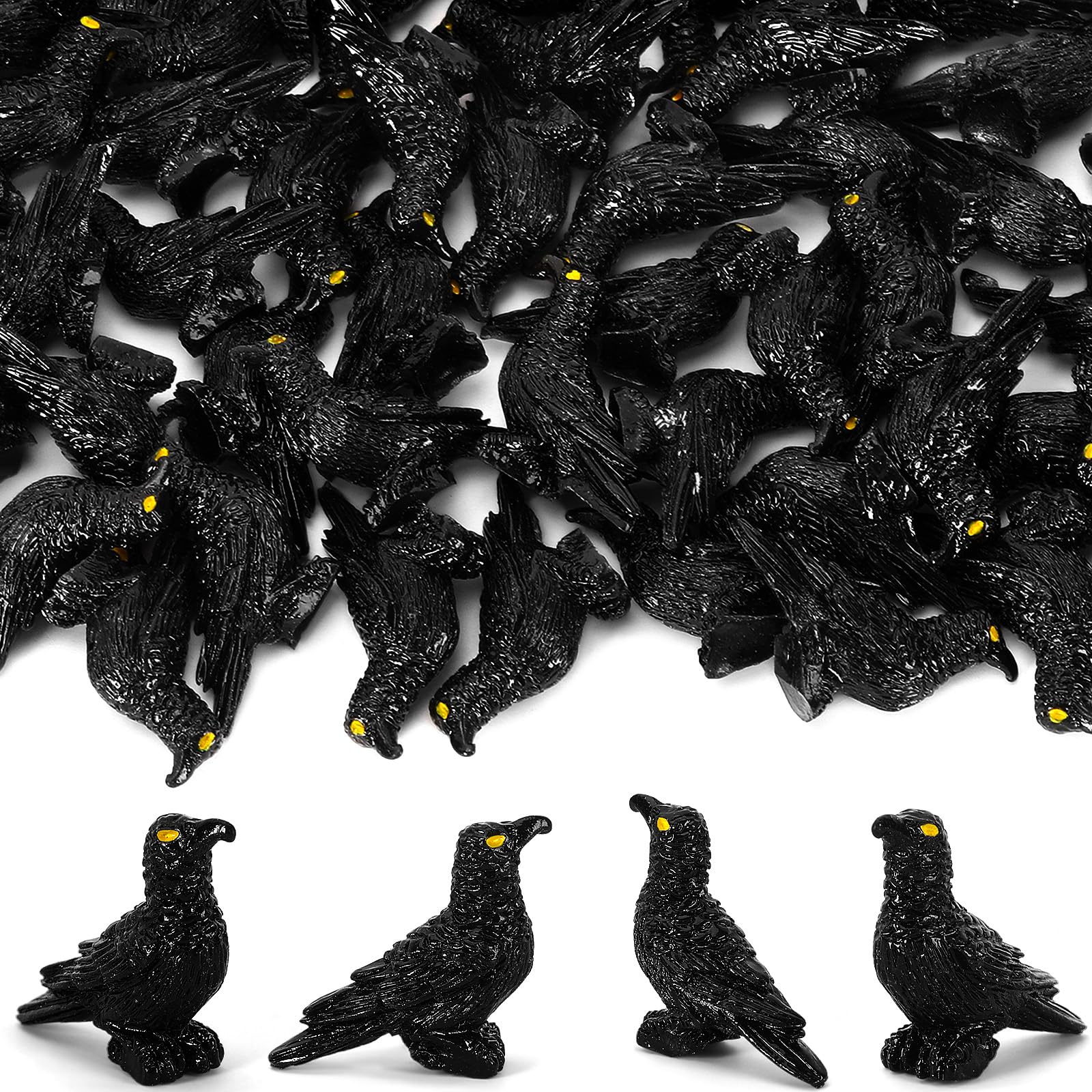 JUNEBRUSHS 50 Pcs Black Mini Resin Crow Halloween Table Decorations