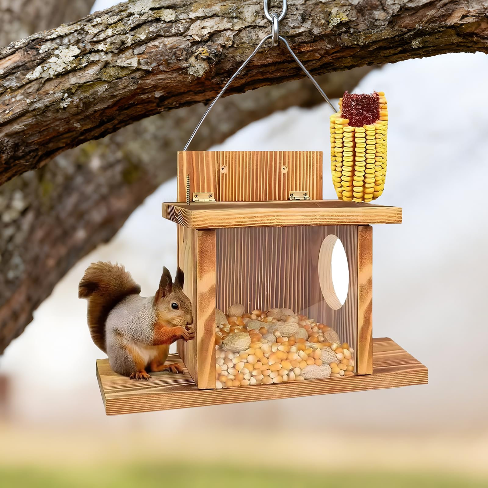 Eichhörnchen Futterhaus aus Holz, 35,2 x 15,4 x 24 cm hängende Eichhörnchen Futterbox für draußen, mit klarem Sichtfenster, wetterfester Eichhörnchen Picknicktisch für Garten und Hof