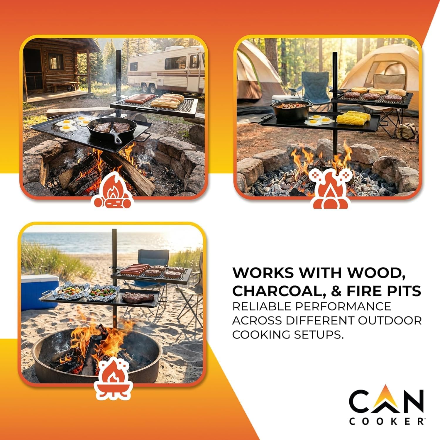 GameMaker Open Fire Cooking Grill – Portable Campfire Grill for Open Flame Cooking, Firepits, Outdoor Fire Rings & Camping – Heavy-Duty, Easy Setup & Adjustable Height