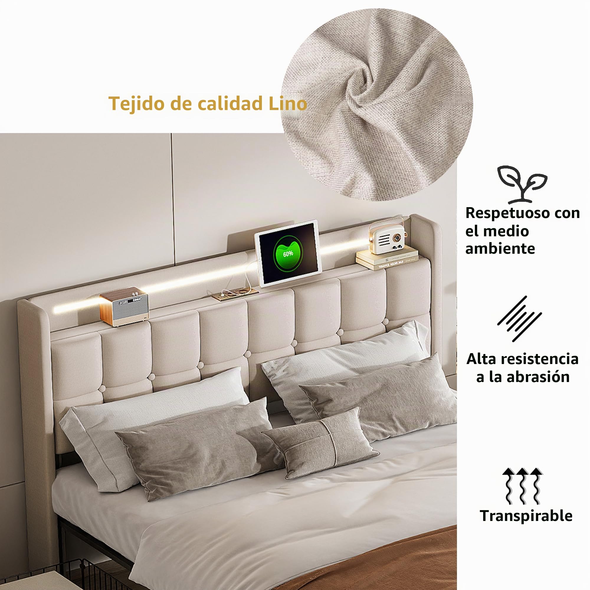 Cama Tapizada 180x200, Cama Doble con 4 Cajones, Cama Doble Tapizada con Somier, Cama Acolchada con USB y Luz LED, Marco de Cama con Cabecero, Cama de Matrimonio (Beige, Lino A, 180 × 200 cm)