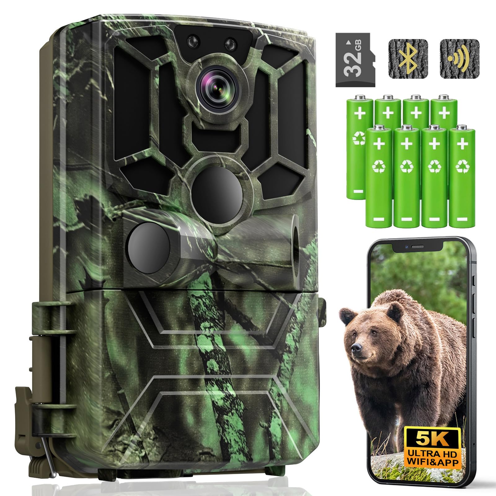Wildkamera mit Handyübertragung App, 5K Video 60MP Full HD WLAN Bluetooth Wildtierkamera Nachtsicht Bewegungsmelder 0,1s Auslösezeit IP66 Wasserdicht 32GB Speicherkarte AA-Batterien
