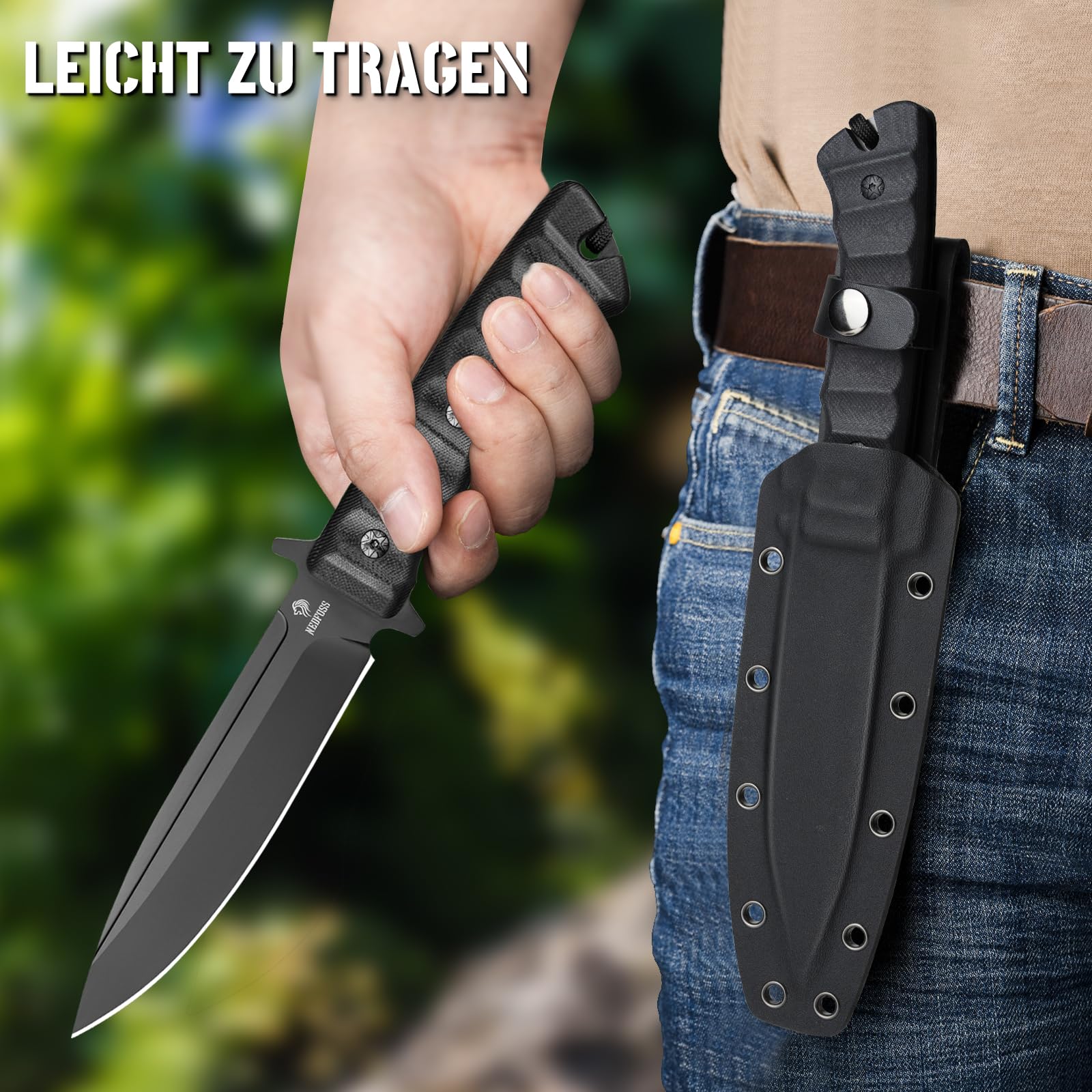 NedFoss Black PHOENIX nóż survivalowy, 15 cm, nóż outdoorowy z uchwytem G10 | Full TANG noże stałe z pochwą Kydex i tytanem, ostre noże myśliwskie na kemping, polowanie, prezent, do kolekcji