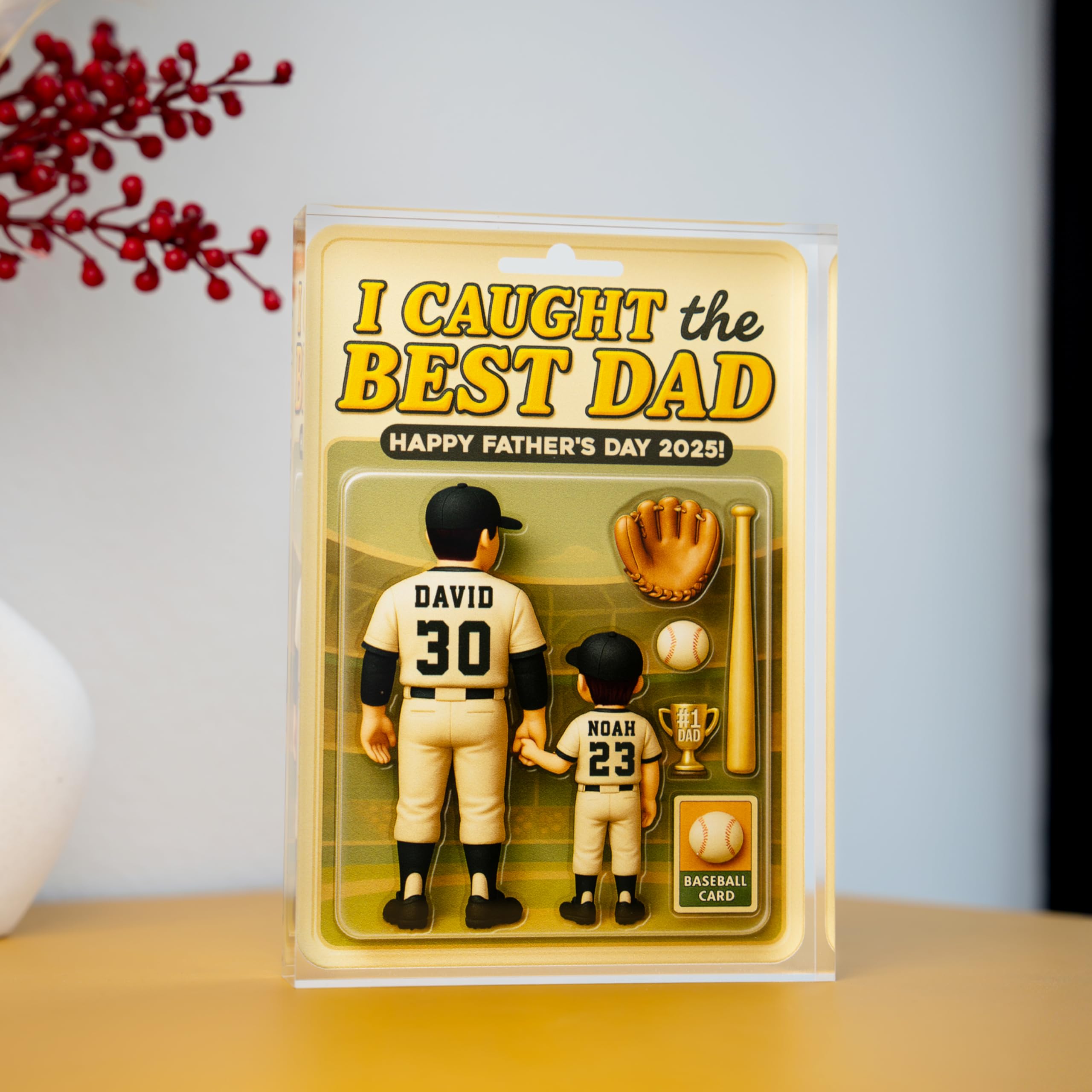 I Caught The Best Dad - Personalized Baseball Acrylic Block Gift for Father’s Day 2025 - Custom Dad & Kid Figures with Jerseys, Names & Hair Styles, Unique Display Gift for Baseball-Loving Dads