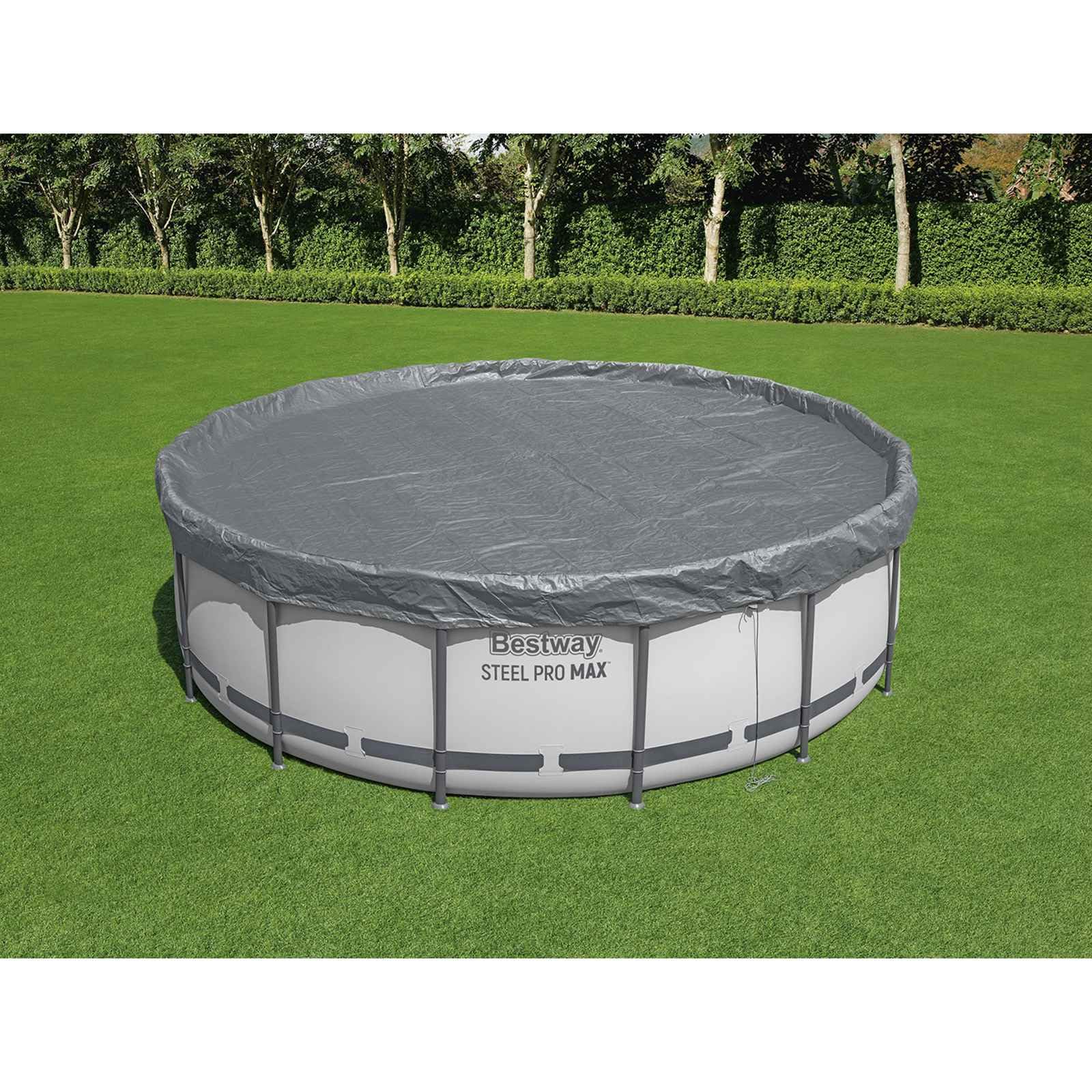 Couverture de Piscine Ronde 4,57 m en Polyester Gris avec Sangles, Trous de Drainage, Protection hivernage pour Piscine Hors Sol, antipoussière, Durable et Facile à Ranger