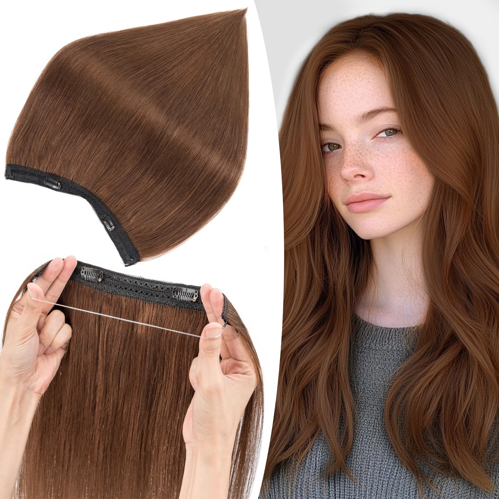 S-noilite Wire Hair Extensions Human Hair Medium Brown Invisible Fish Line Hair Extensions Real Hair One Piece Human Hair Extensions 14 Inch 60g