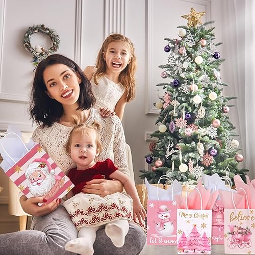 Miniatura 6 de Abbylike 48 bolsas de regalo de Navidad, bolsas de papel rosa a granel con asa, bolsas de regalo de cumpleaños, bolsas de regalo para fiestas,