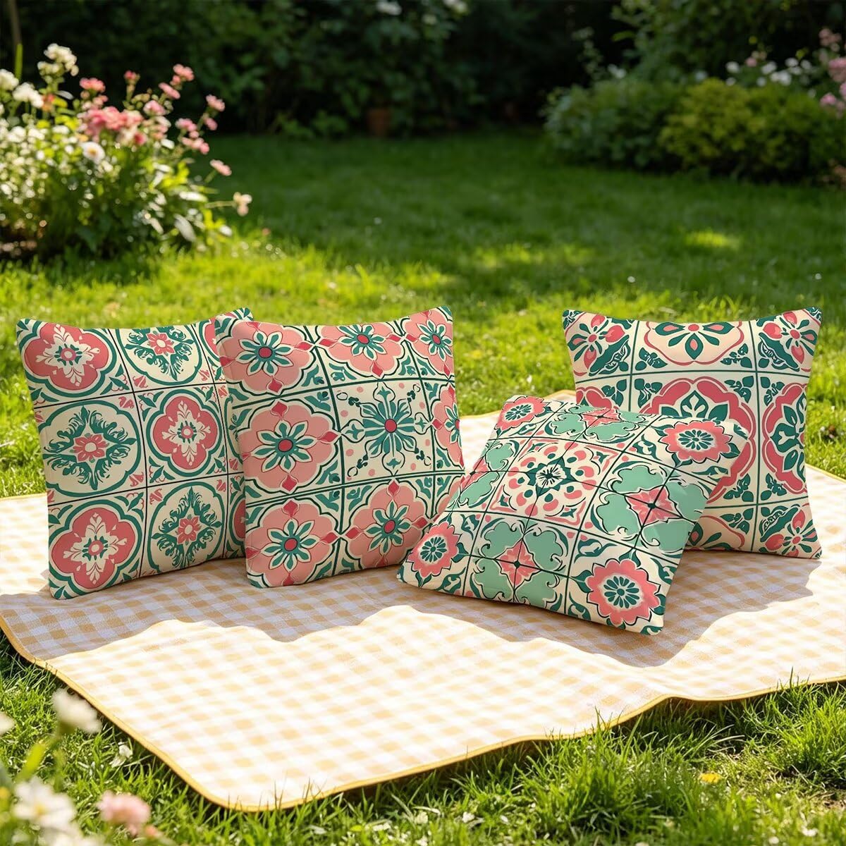 Kissenbezug 80x80 Beige, Outdoor Kissen Wasserfest 4er Set, Leinen Dekokissen Kissenbezüge, Zierkissen Kopfkissenbezug Beidseitiger Druck, Bezug Kissen Geometrie für Deko Wohnzimmer, Geschenke S-94