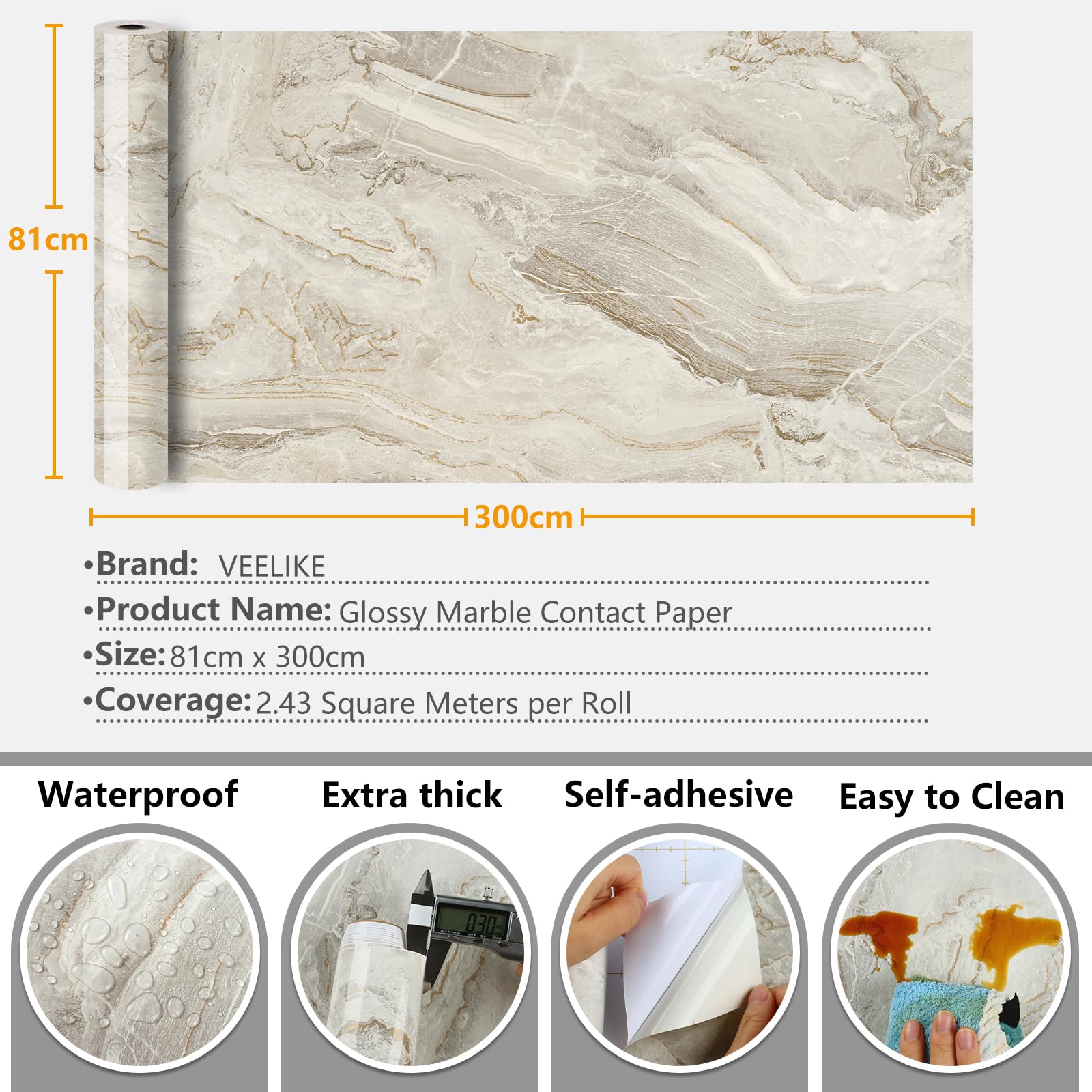 VEELIKE Carta da Parati Marmo Beige 81cm x 300cm Carta Adesiva Effetto Marmo Oro Pellicola Autoadesiva per Cucina Paraschizzi Pellicola Adesiva Decorativa Bagno Rivestimento Parete Camera da Letto