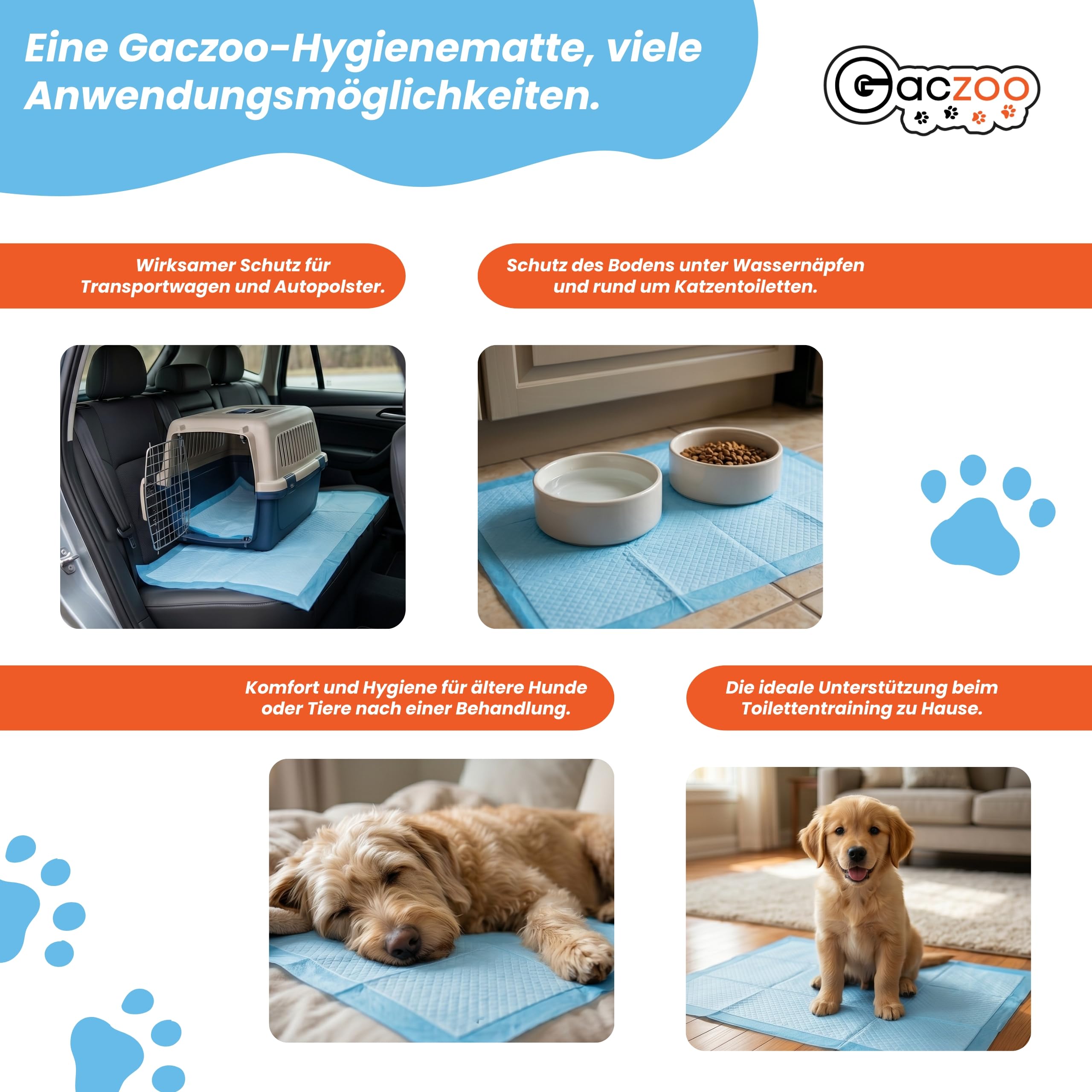 Pipi Matten für Hunde und Katzen - 60x90cm - Welpen unterlagen - Einweg Trainingspads, mit Gel-Absorber, Auslaufsicher, Weich & Geruchshemmend - Aufgenommene Flüssigkeitsmenge 350ml, 50 Stück