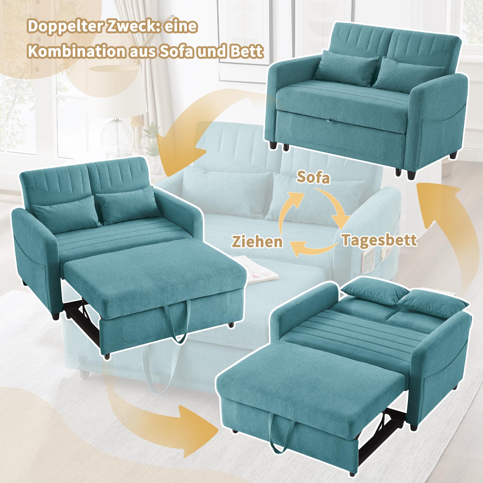Divano pieghevole a due posti, design allungabile, semplice e moderno, stile contemporaneo, schienale regolabile in tre livelli, tessuto in cotone e lino traspirante (blu)