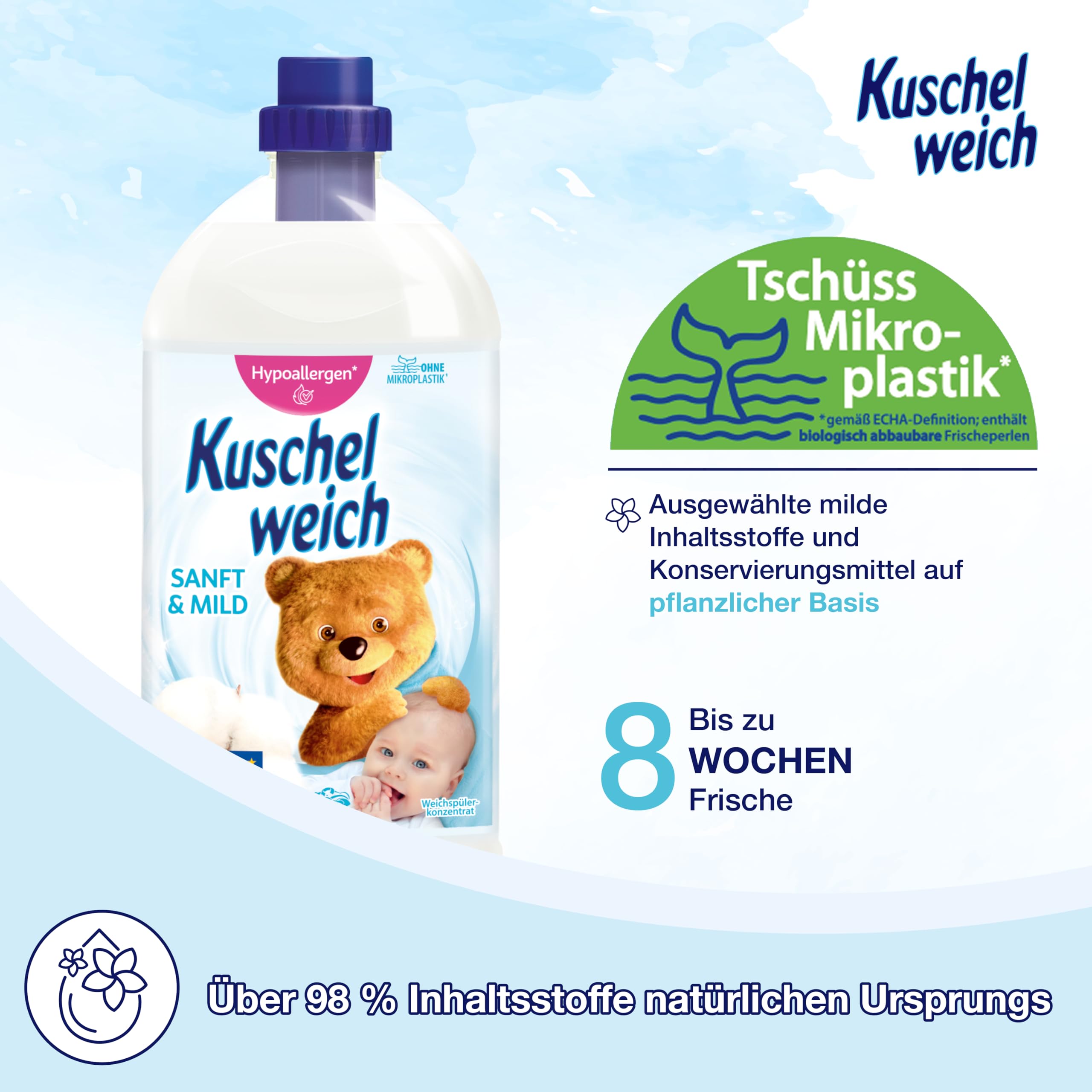 Kuschelweich Weichspüler - 6 x 2 l für je 76 Wäschen, kuschlig-weich, hautverträglich, mikroplastikfrei - Sanft und Mild