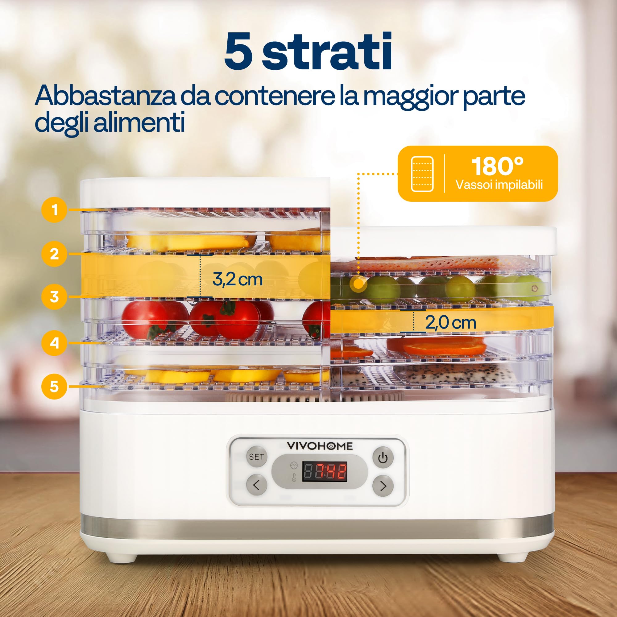 Essiccatore Elettrico Con 5 Vassoi 400W - Timer Digitale 72h, Temperatura Regolabile 35-70°C