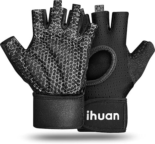 ihuan Guantes transpirables para levantamiento de pesas soporte de muñeca para ejercicio sin dedos  Mejora la protección de la palma  Agarre extra