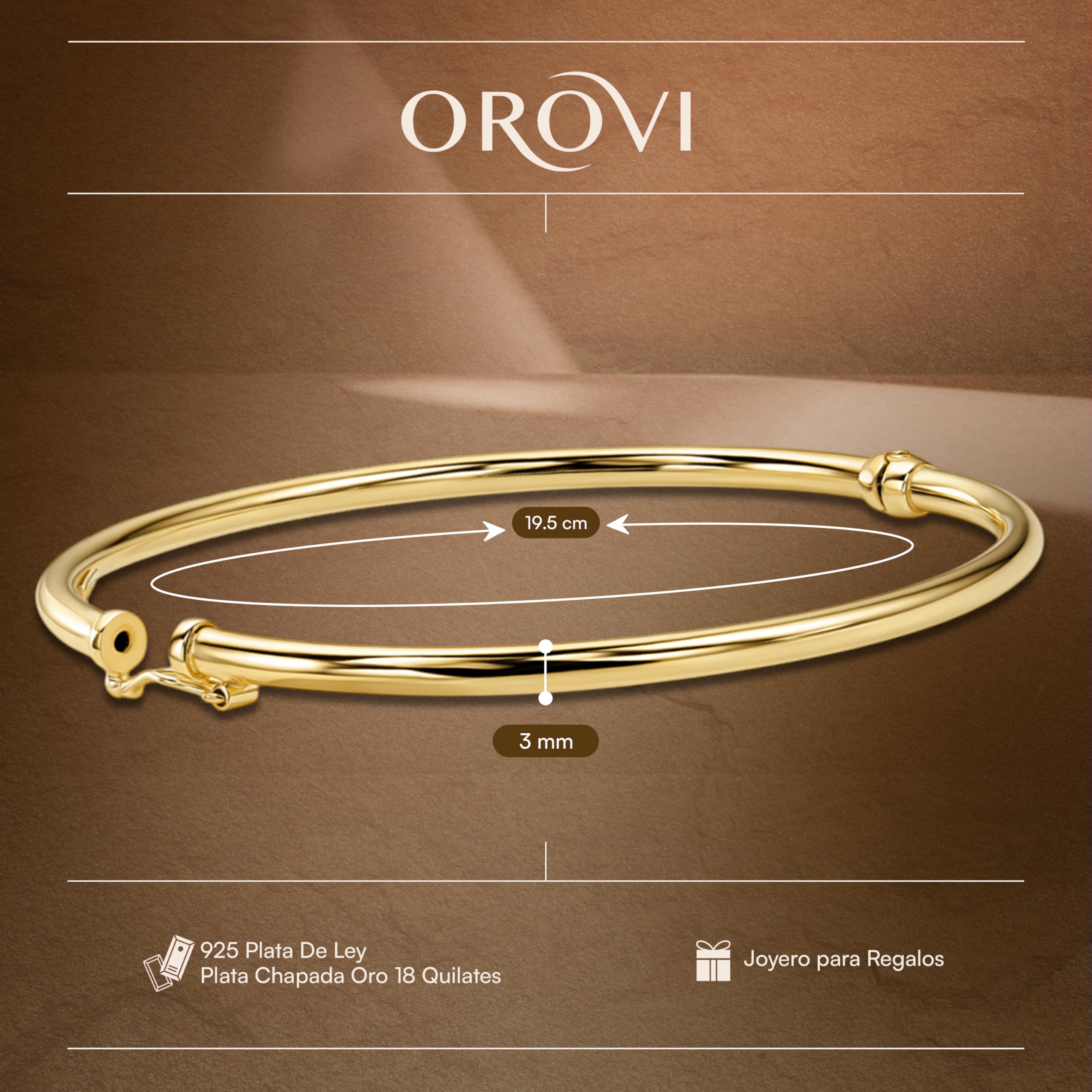 Orovi Pulsera Rígida para Mujer Plata de ley 925 Bañado en Oro 18 Quilates Pulsera Plata Mujer 925 a Espiral o Pulido 19.5cm x 3mm Cierre de Bisagra, Perno Muescado Made in Italy Entregado en Joyero