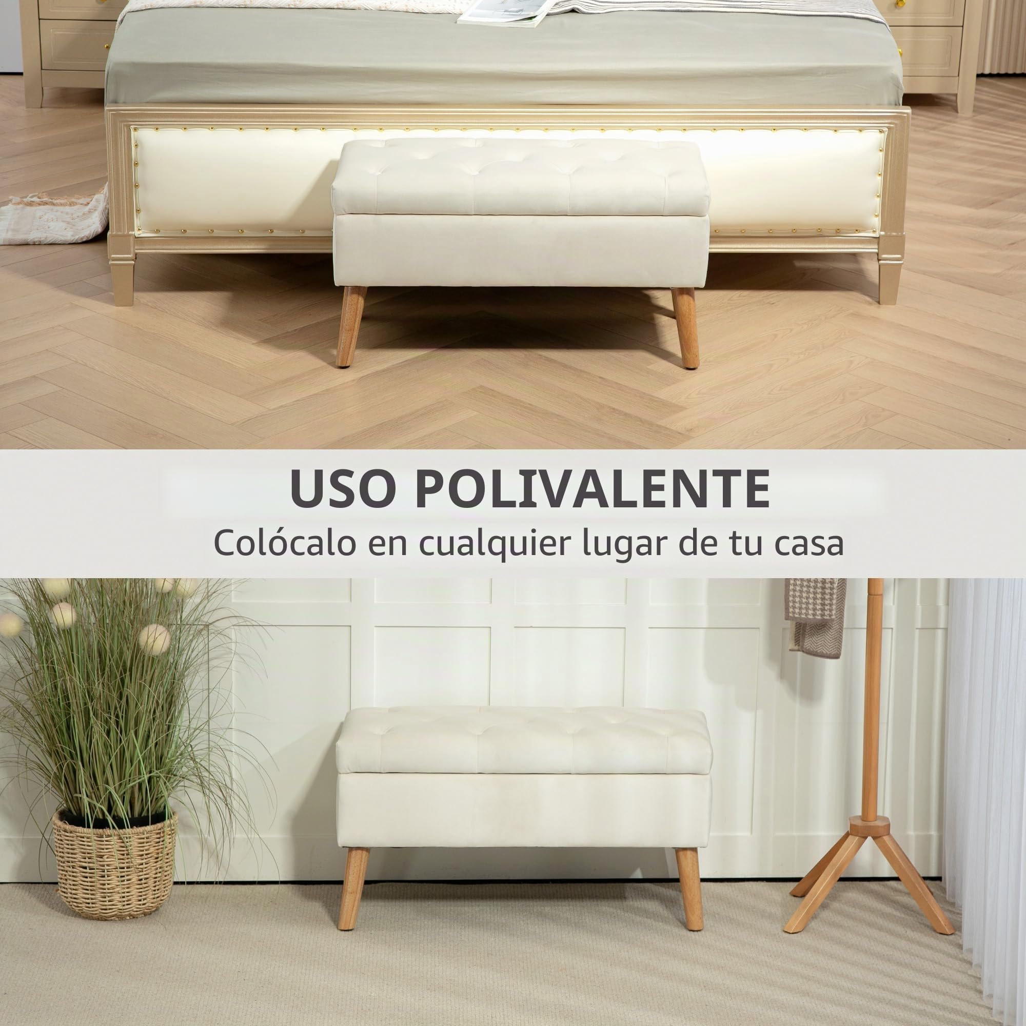 HOMCOM Banco de almacenaje, Caja de almacenaje, con Tapa, Tejido Efecto Terciopelo, Patas de Madera, Capacidad de Carga hasta 120 kg, para salón, Dormitorio, Pasillo, 80 x 35 x 40 cm, Crema