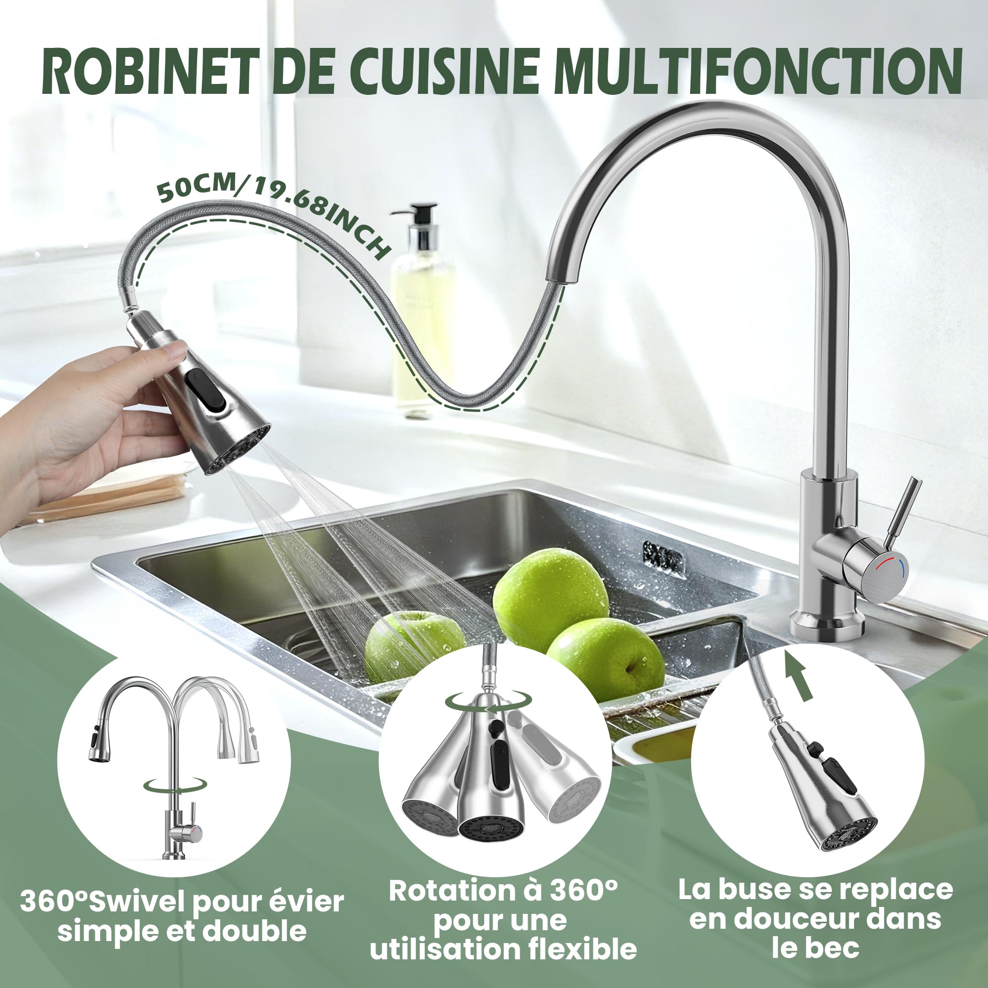 Robinet D'évier Bar/cuisine Inox Brossé Avec Pulvérisateur Tirant - Modèle APS323-BN