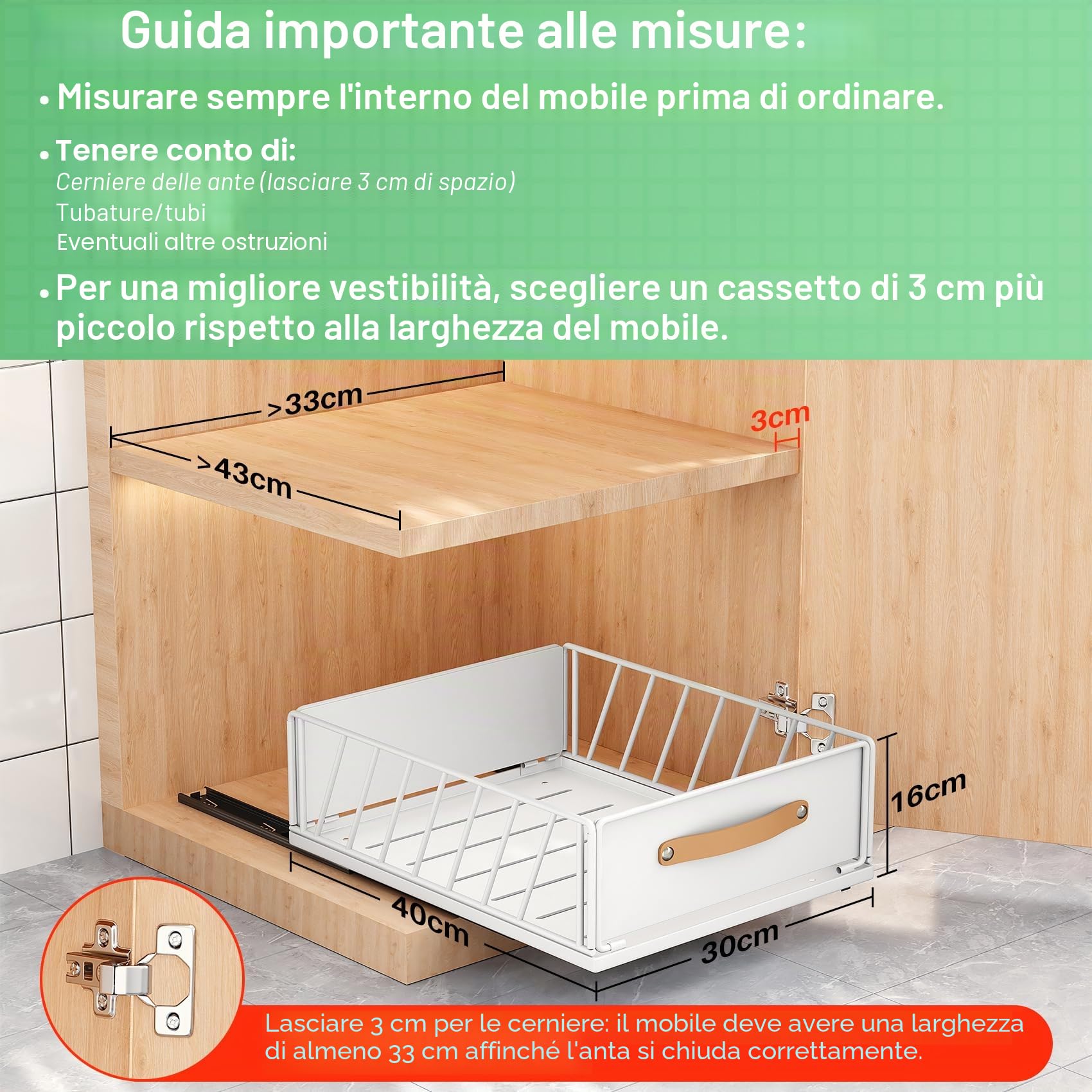 Kitstorack Cassetto Telescopico, Ripiani per Cassetti Estraibili per Armadio da Cucina, Cassetto Scorrevole Estensibile Estraibile con Maniglia (Bianco, 40 Profondità x 30 Larghezza x 16 Altezza cm)